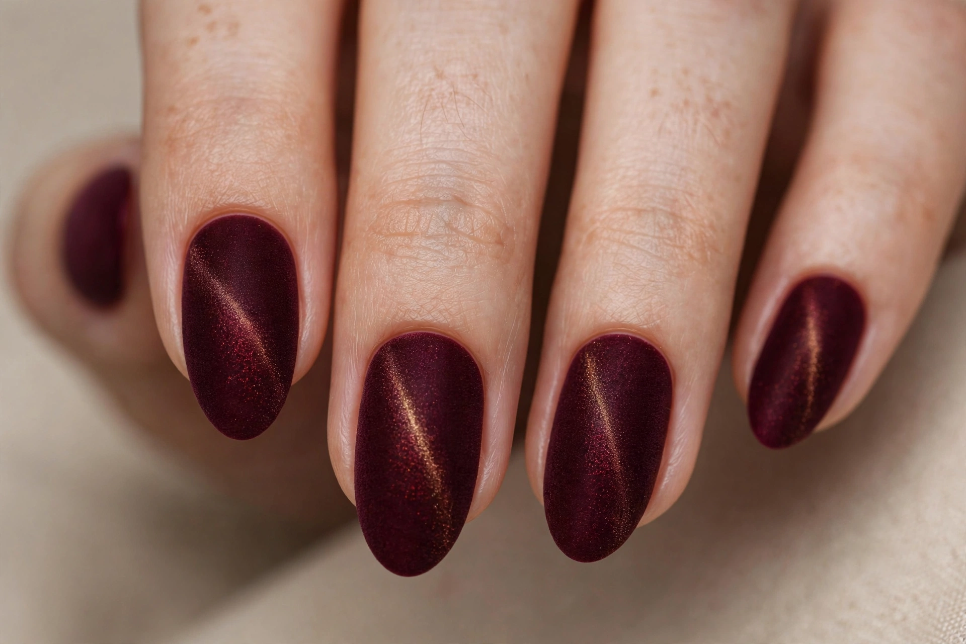 Matte velvet nails in deep burgundy with soft suede-like finish