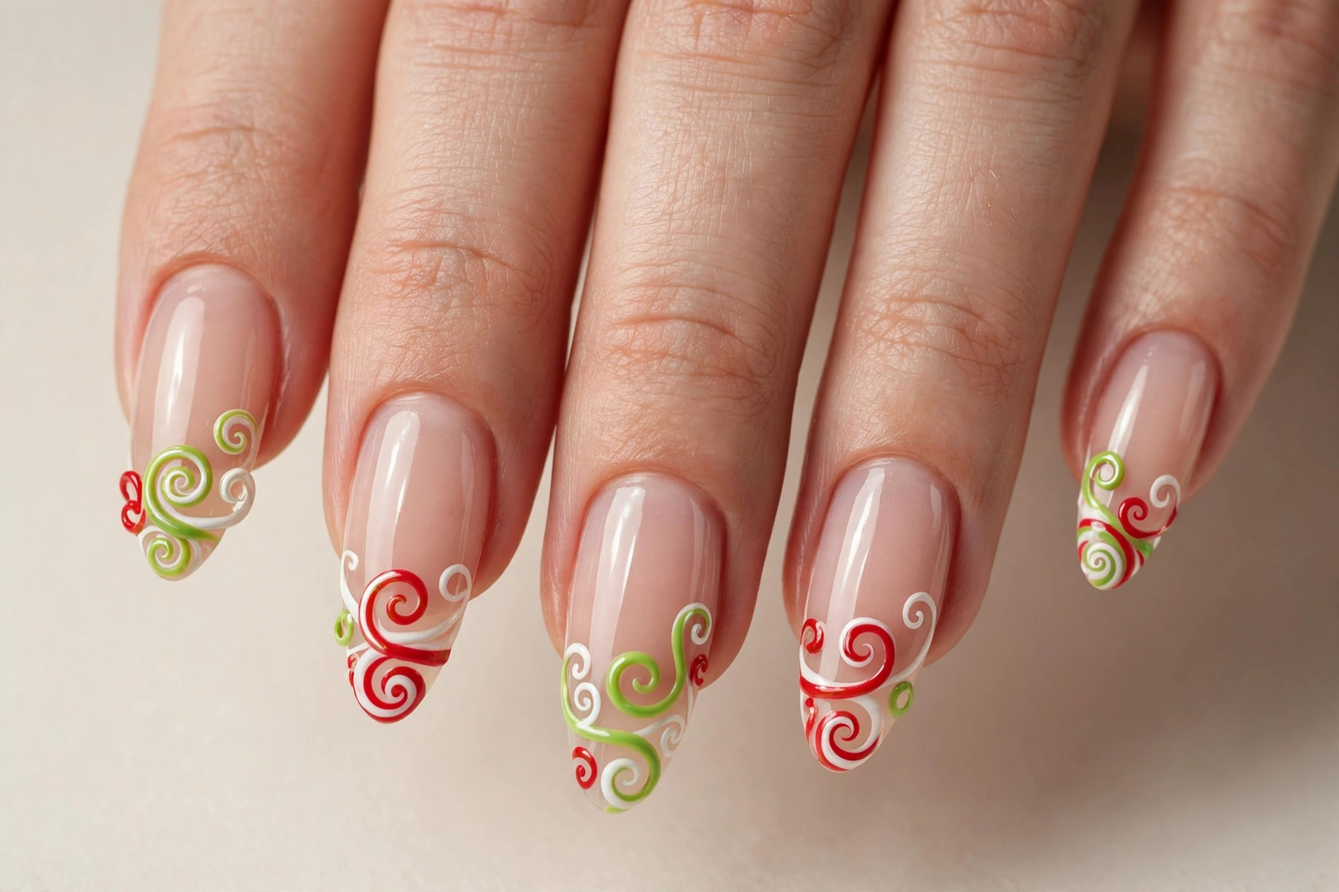 Whimsical curved swirl nail tips in green red and white