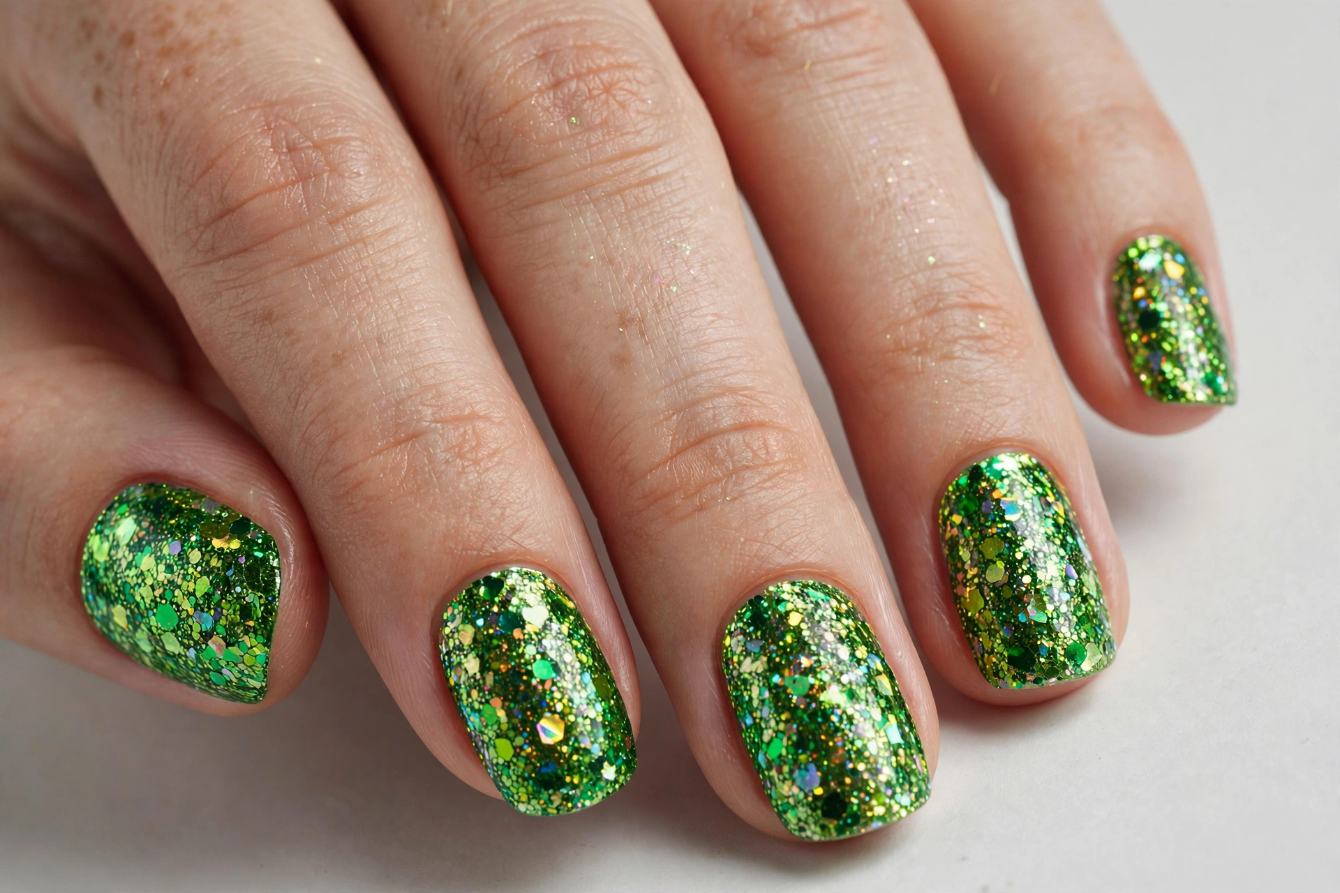 Full coverage sparkling green glitter nails