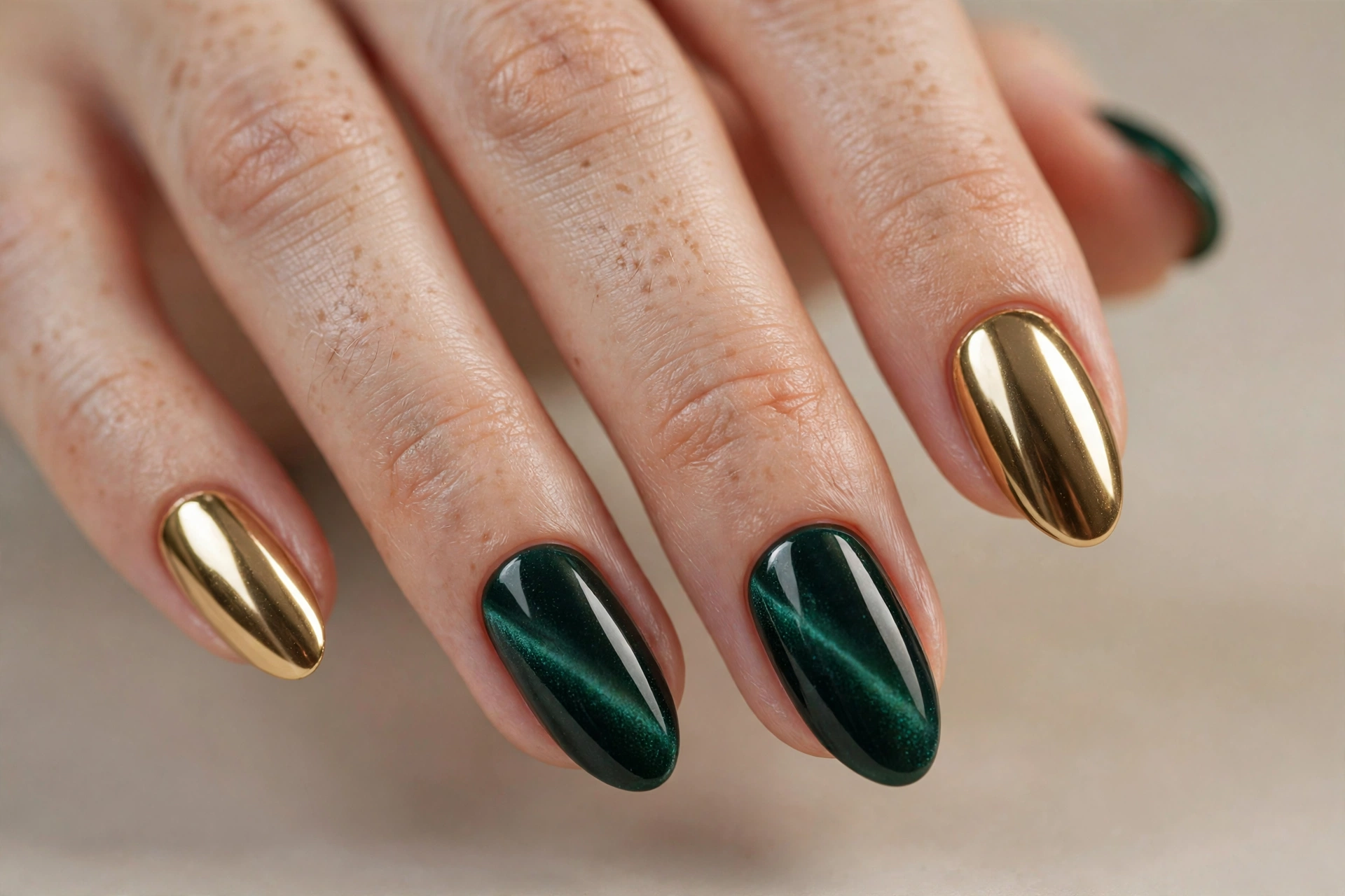 Nails combining deep velvet magnetic polish with mirror chrome accent nails
