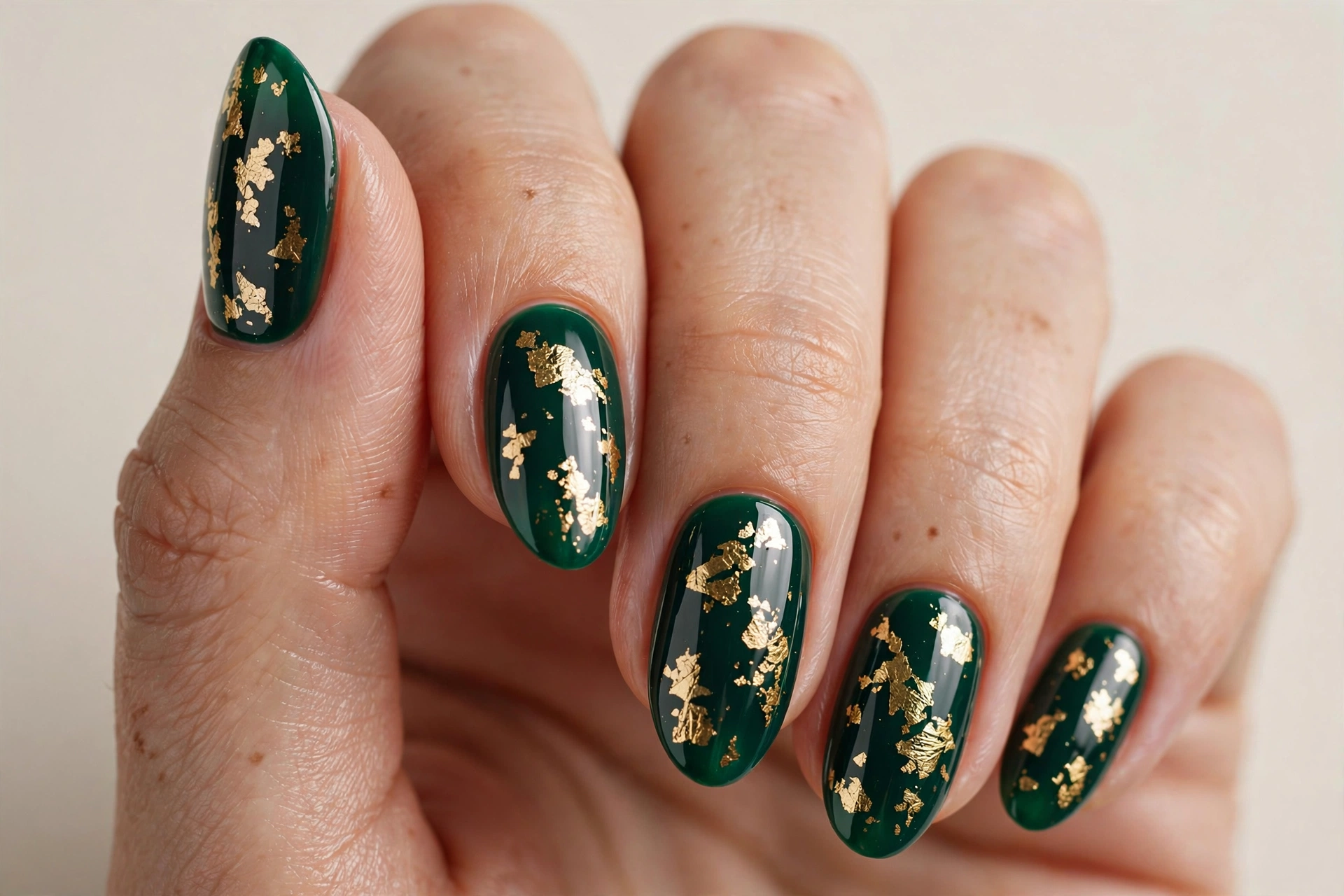 Deep green nails with gold foil flakes accent