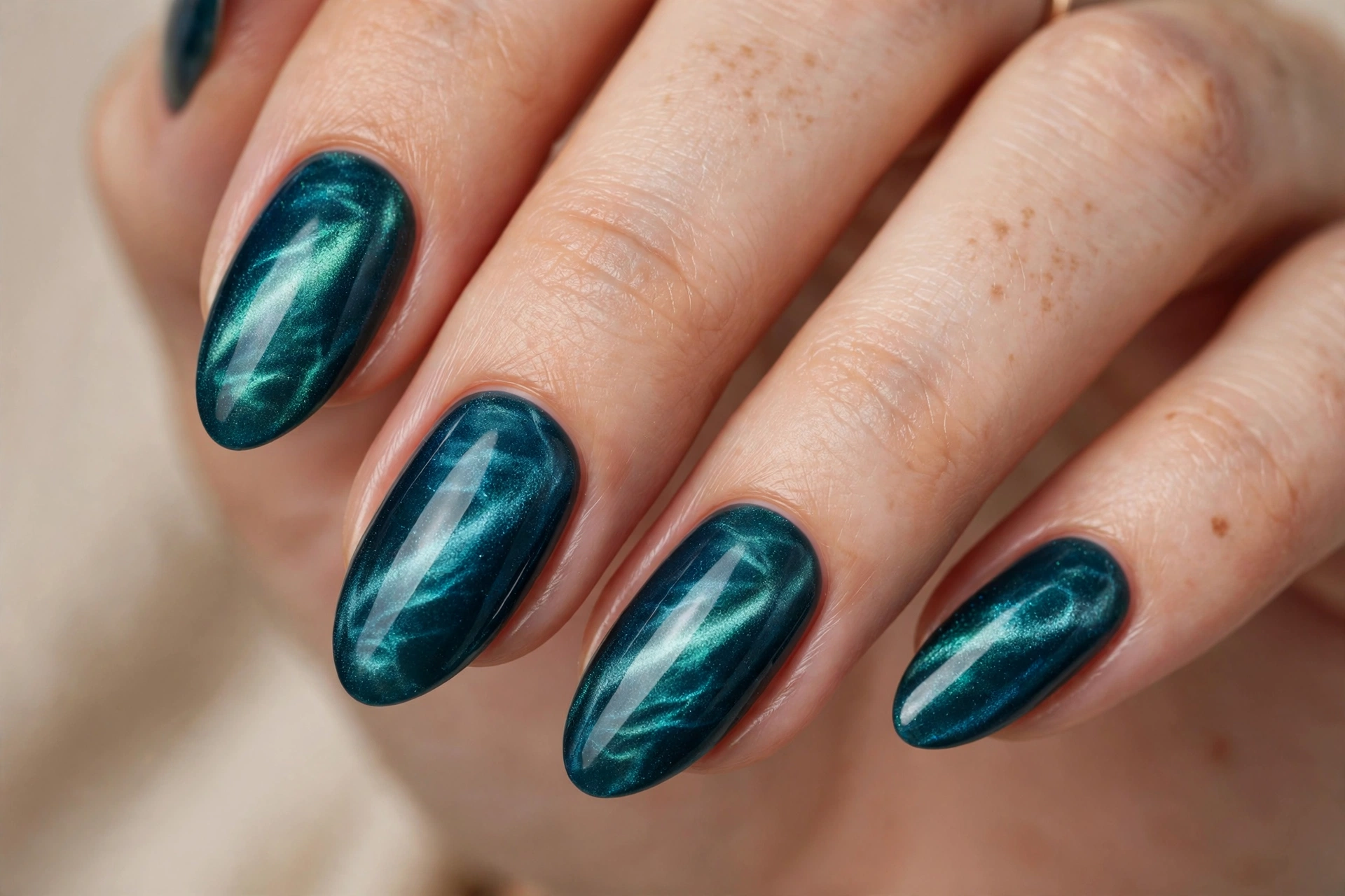 Teal ocean velvet cat-eye nails with deep blue-green magnetic shimmer