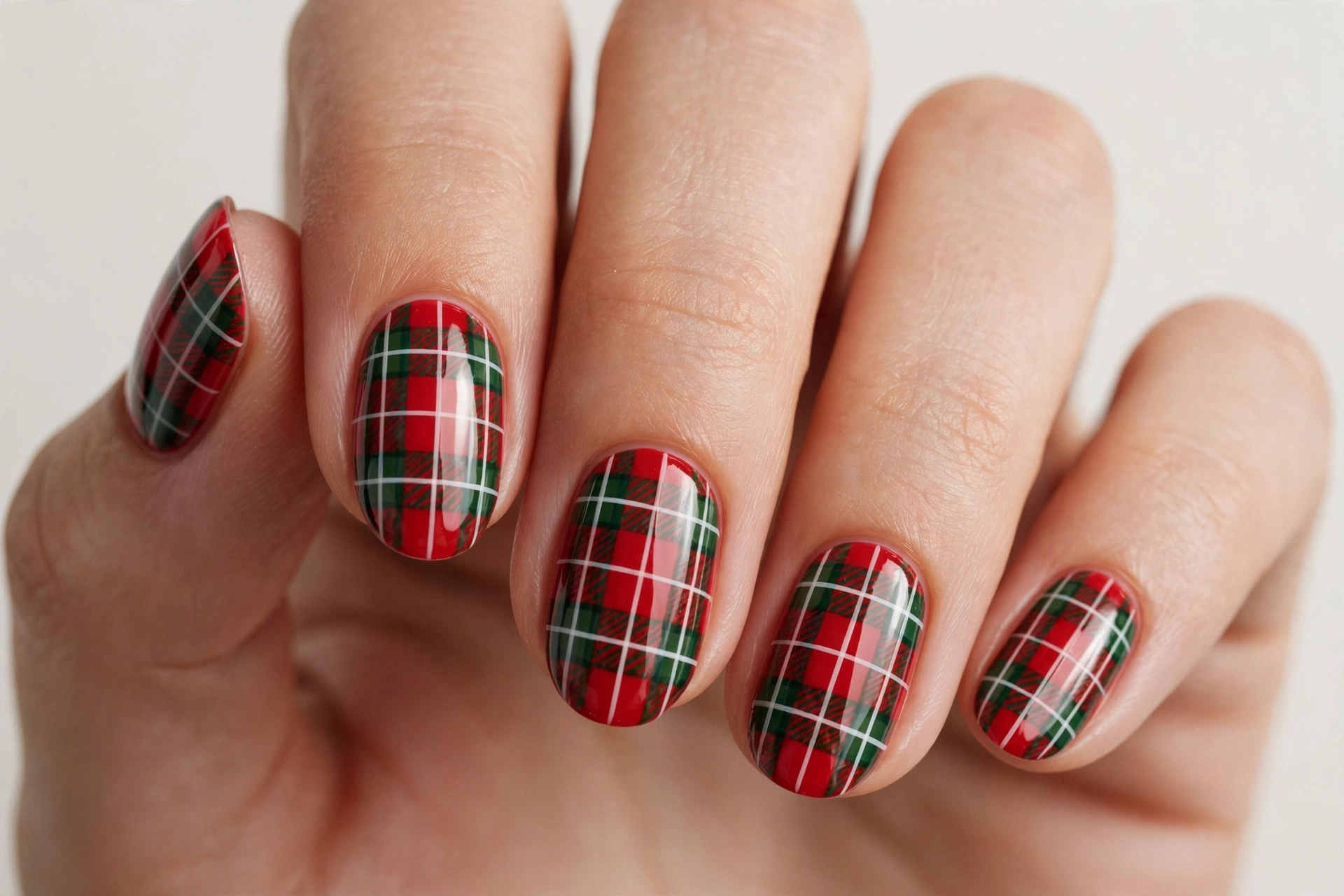 Red and green plaid checkered Christmas nail art