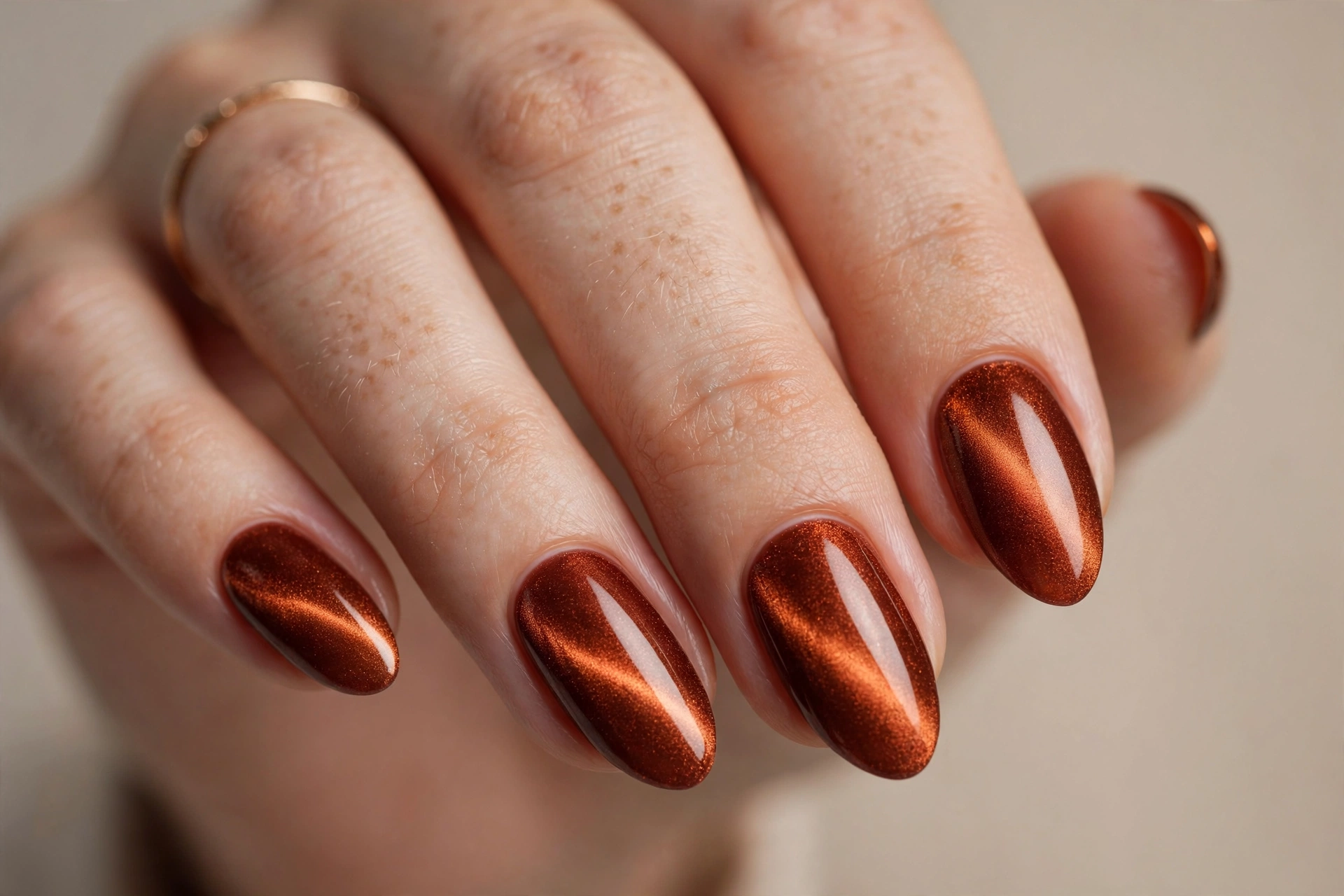 Copper rust velvet nails with warm metallic magnetic glow