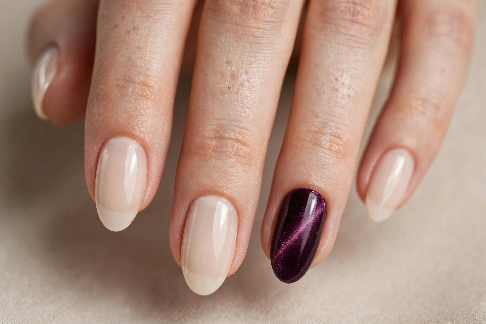 Nude manicure with single deep plum velvet magnetic accent nail on ring finger