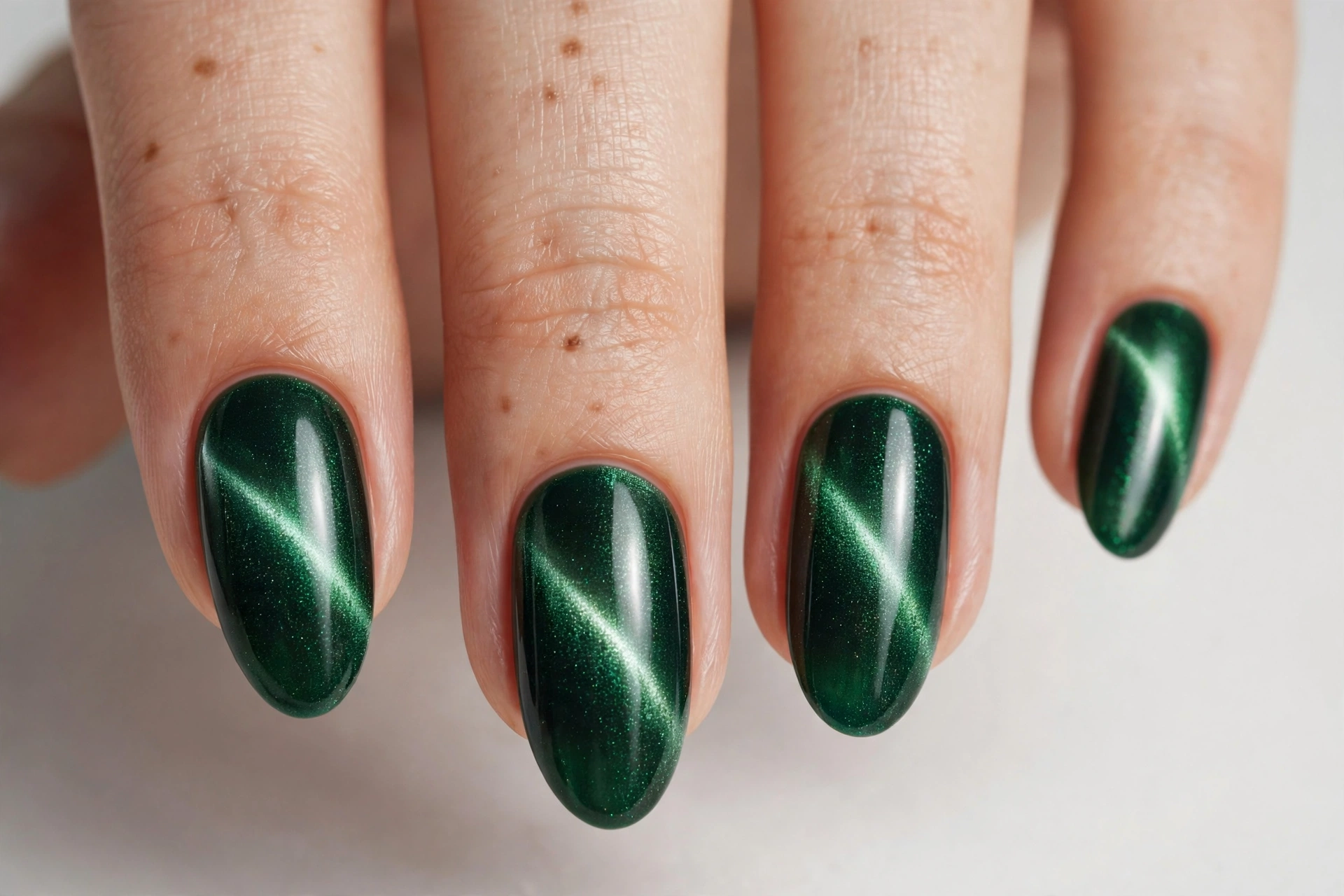 Green cat-eye magnetic nails with light-catching shimmer band