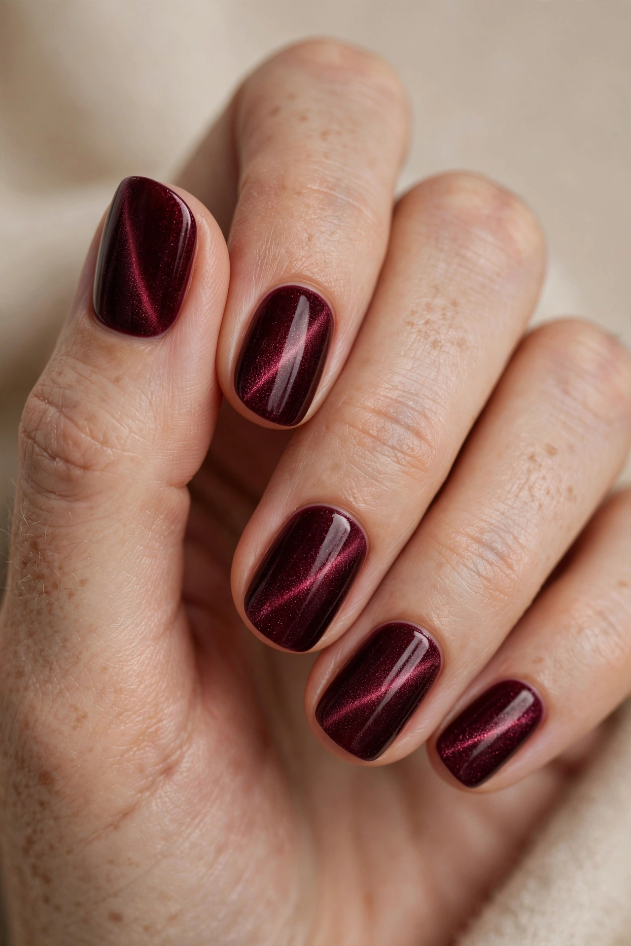 Short natural nails with deep burgundy velvet cat-eye polish, neat and chic