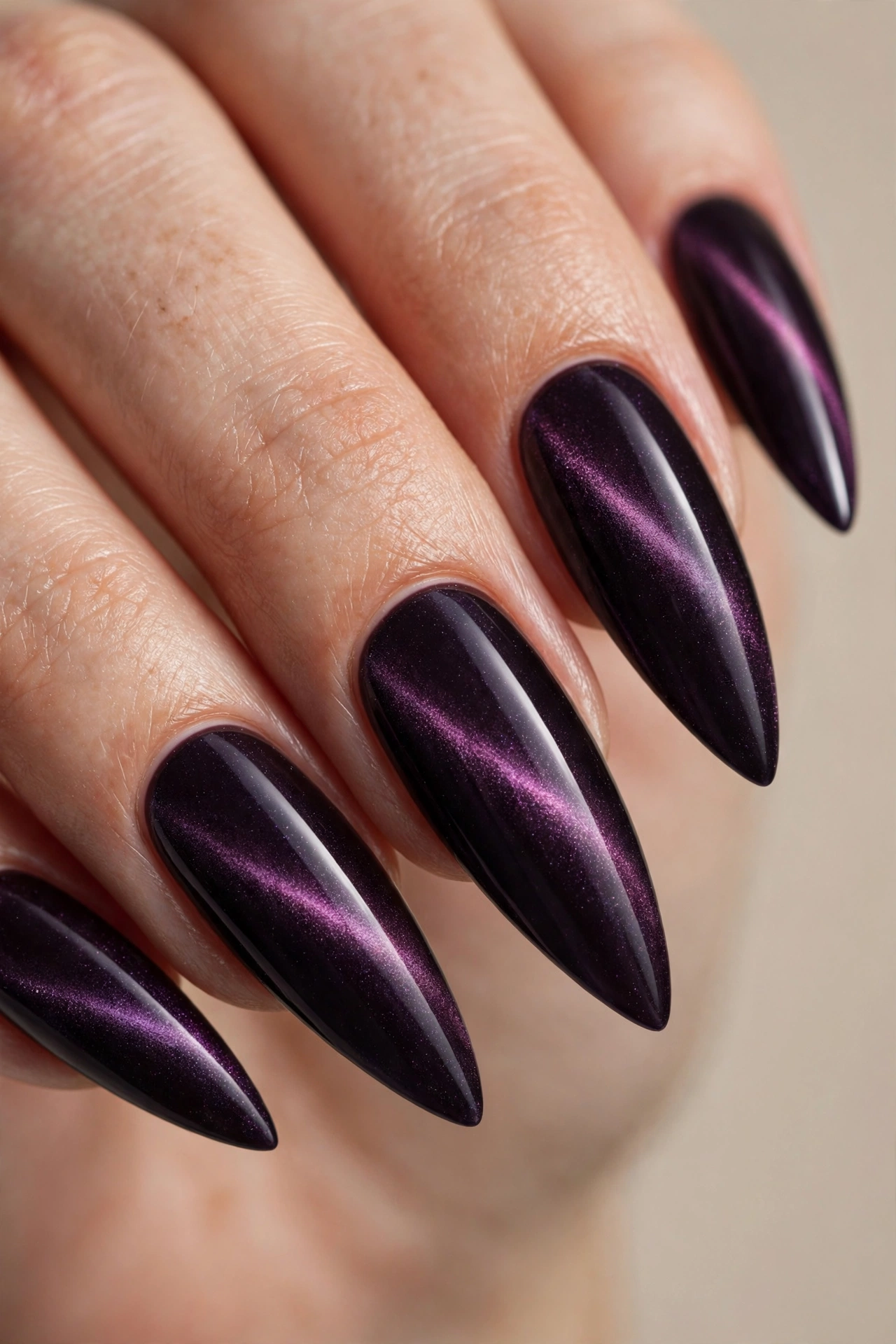 Long almond stiletto nails with midnight plum velvet magnetic finish