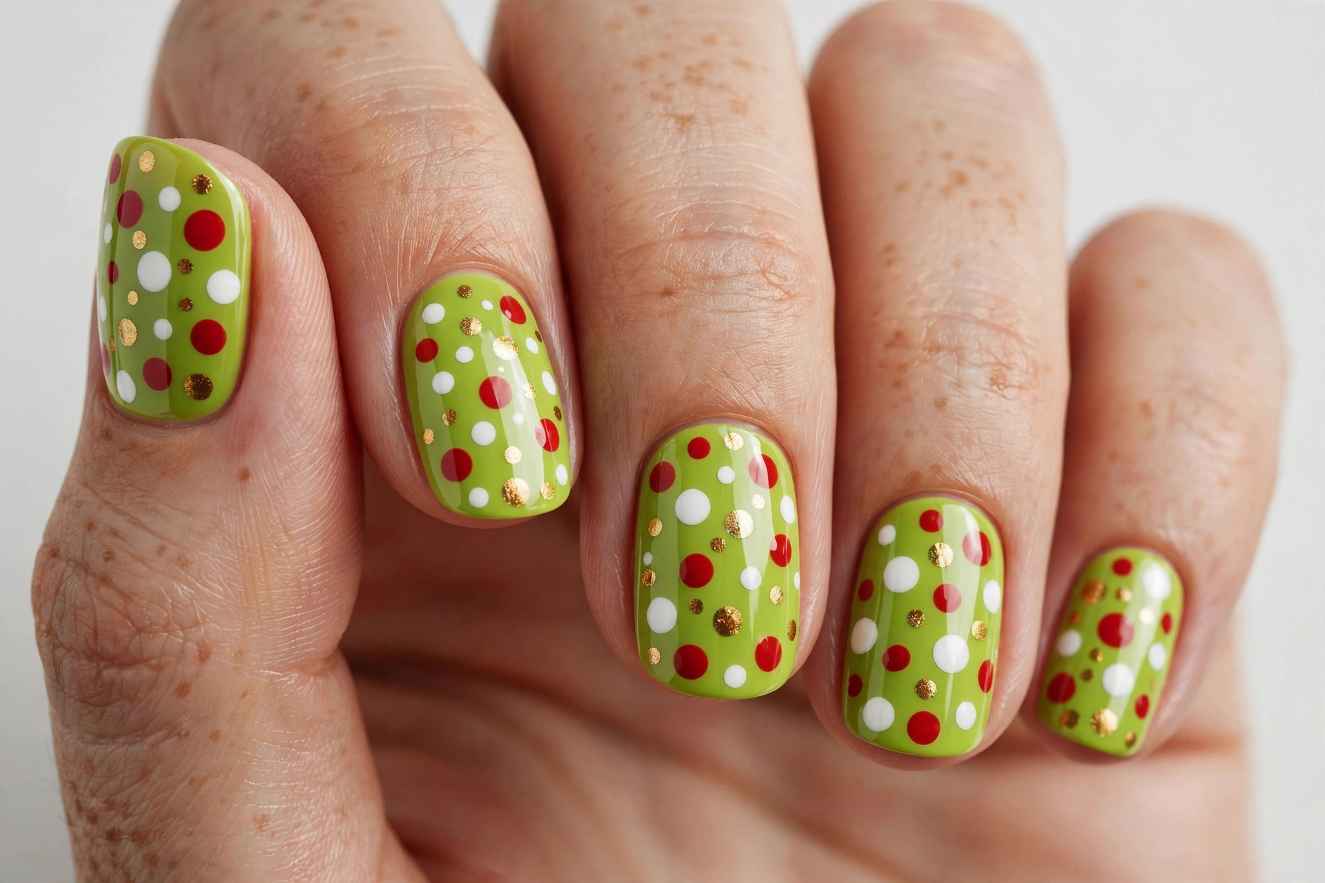 Green nails with red white and gold polka dot nail art