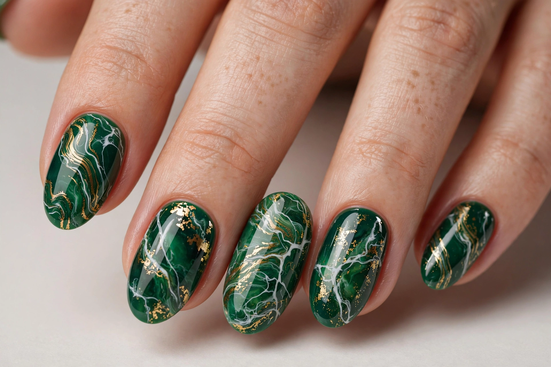 Green and white marble effect nail art with gold veins