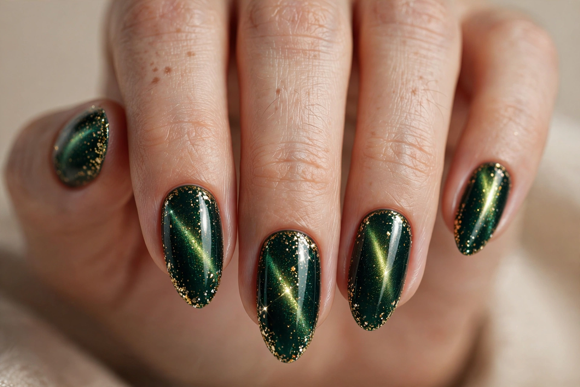 Deep emerald velvet nails with fine gold glitter overlay catching the light