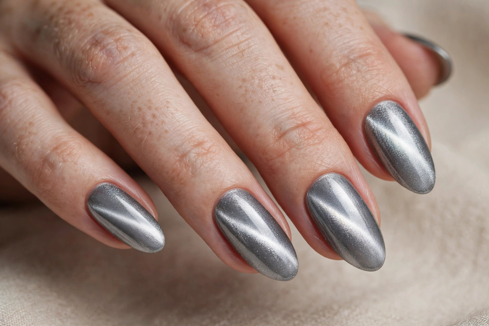 Silver platinum velvet cat-eye nails with cool liquid-metal shimmer