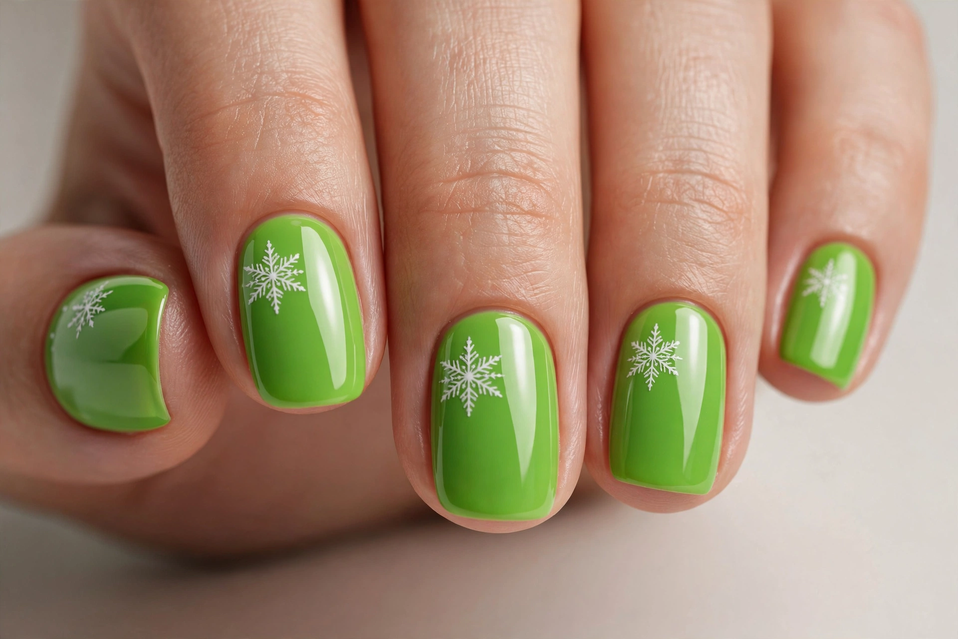 Green nails with delicate white snowflake nail art