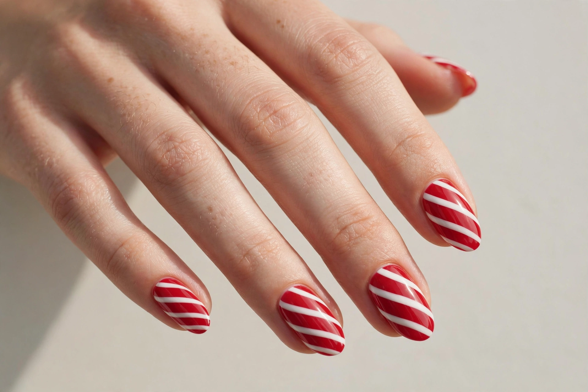 Red and white candy cane striped short Christmas nails