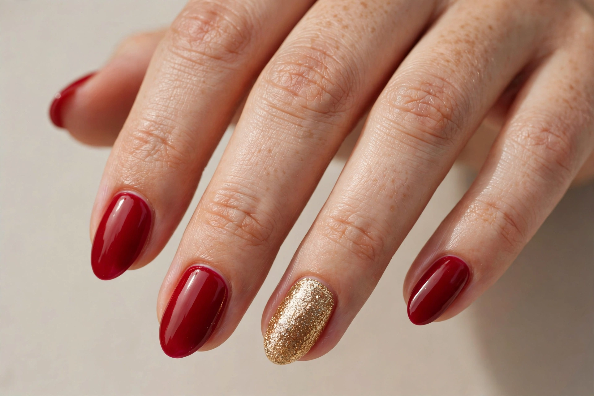 Red short Christmas nails with gold glitter accent nails