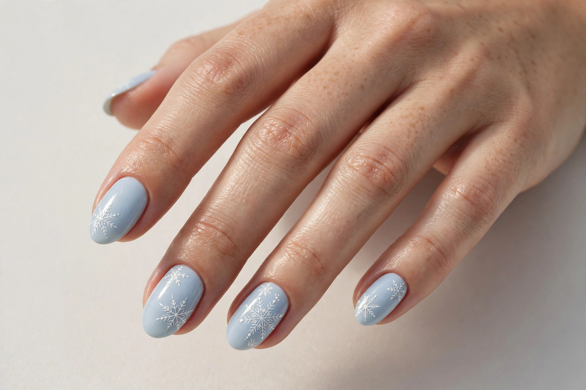 Ice blue short nails with white snowflake nail art
