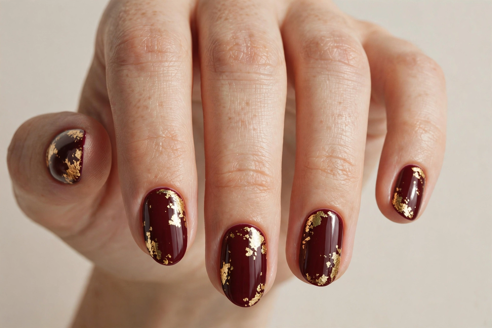 Burgundy short nails with gold foil flakes