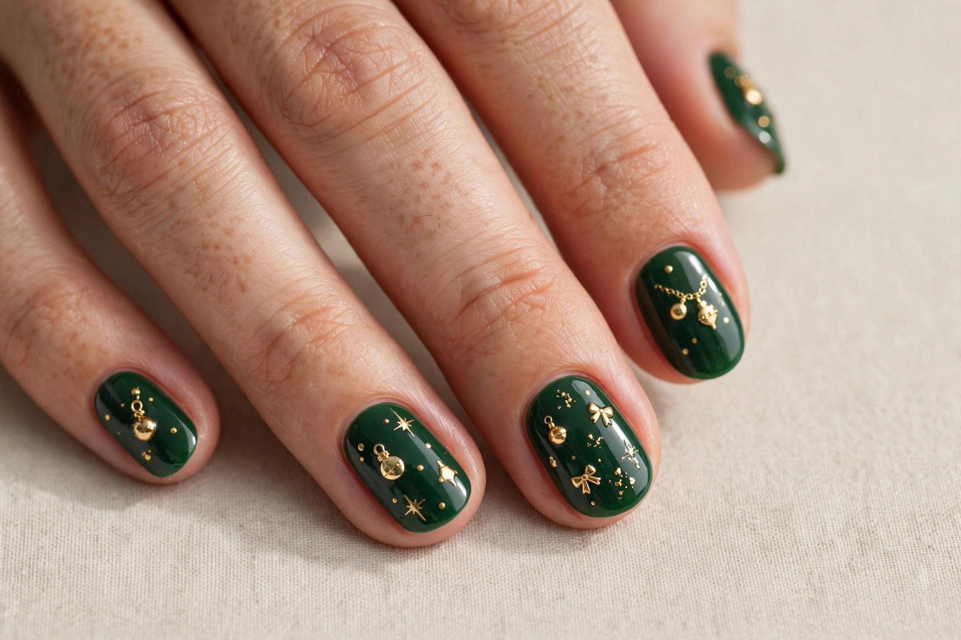 Green short nails with tiny gold Christmas ornament art