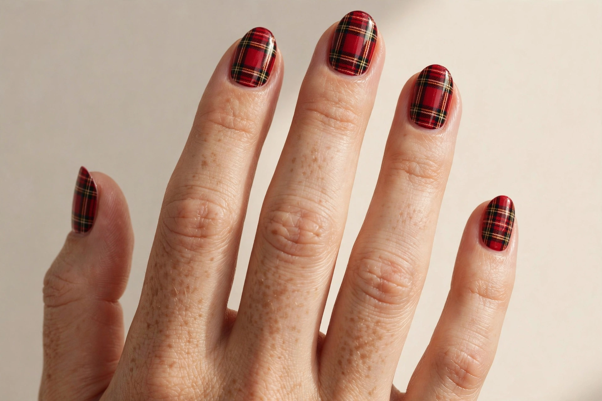 Red plaid pattern short Christmas nails