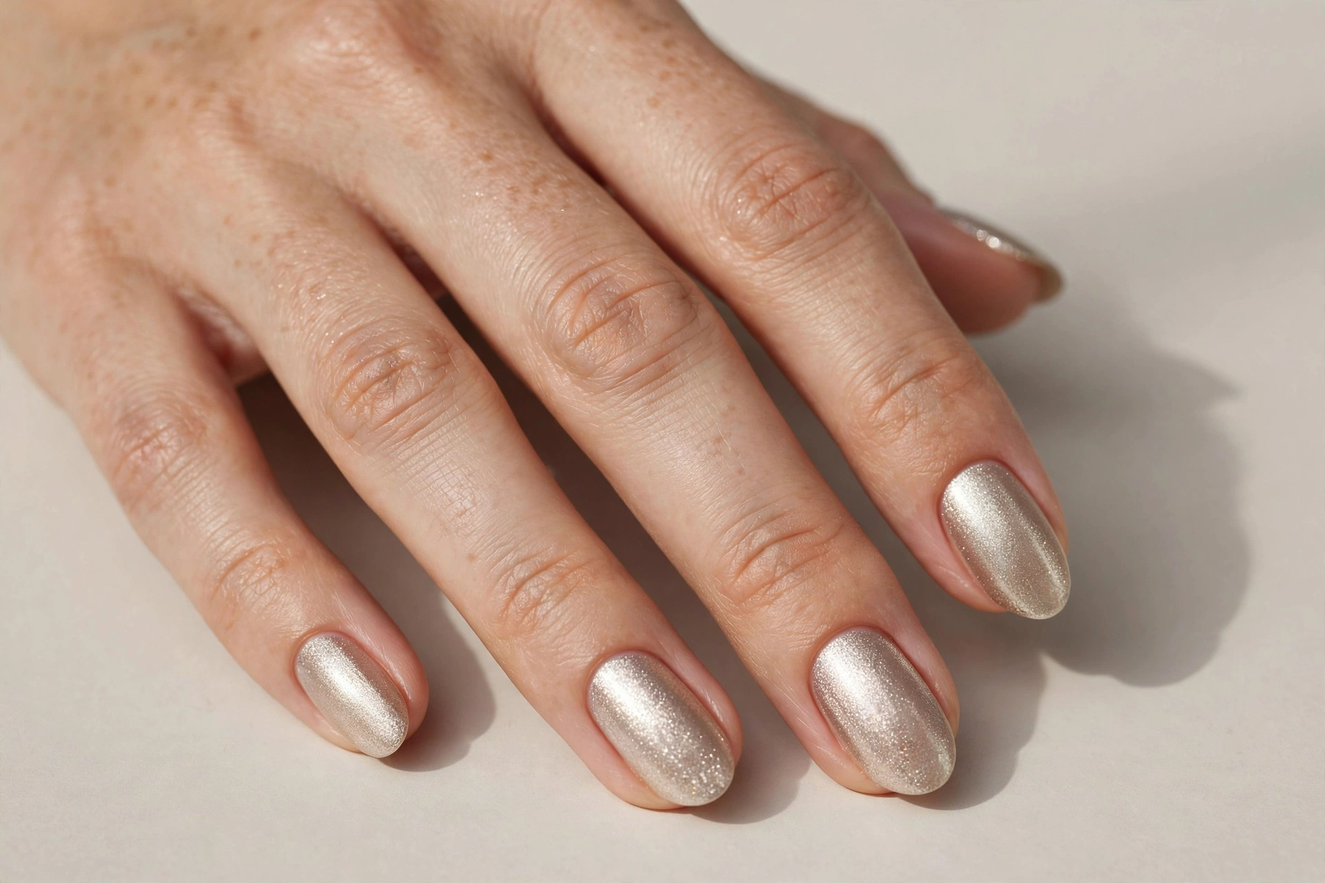 Champagne silver shimmer short Christmas nails