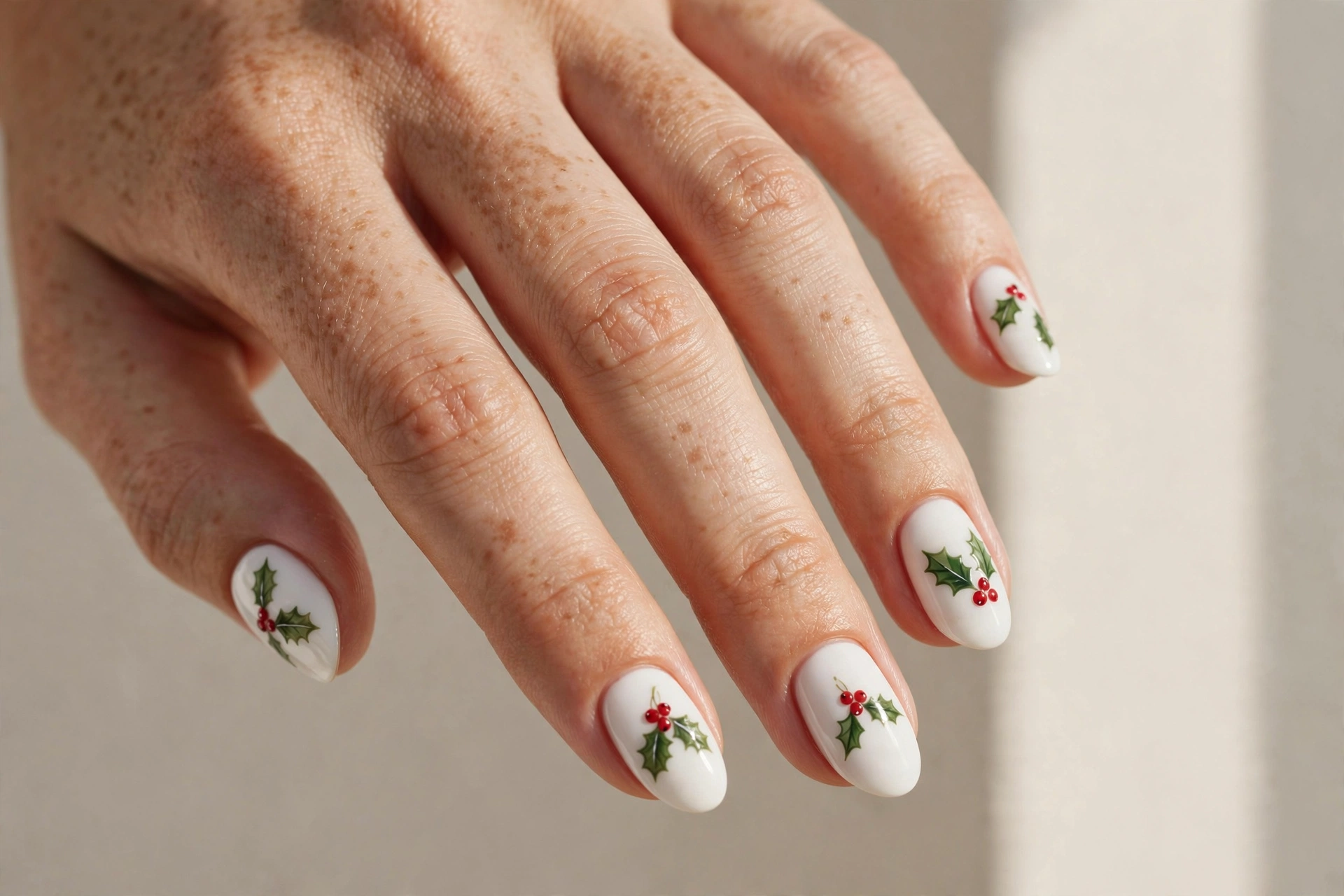 White short nails with holly berry nail art