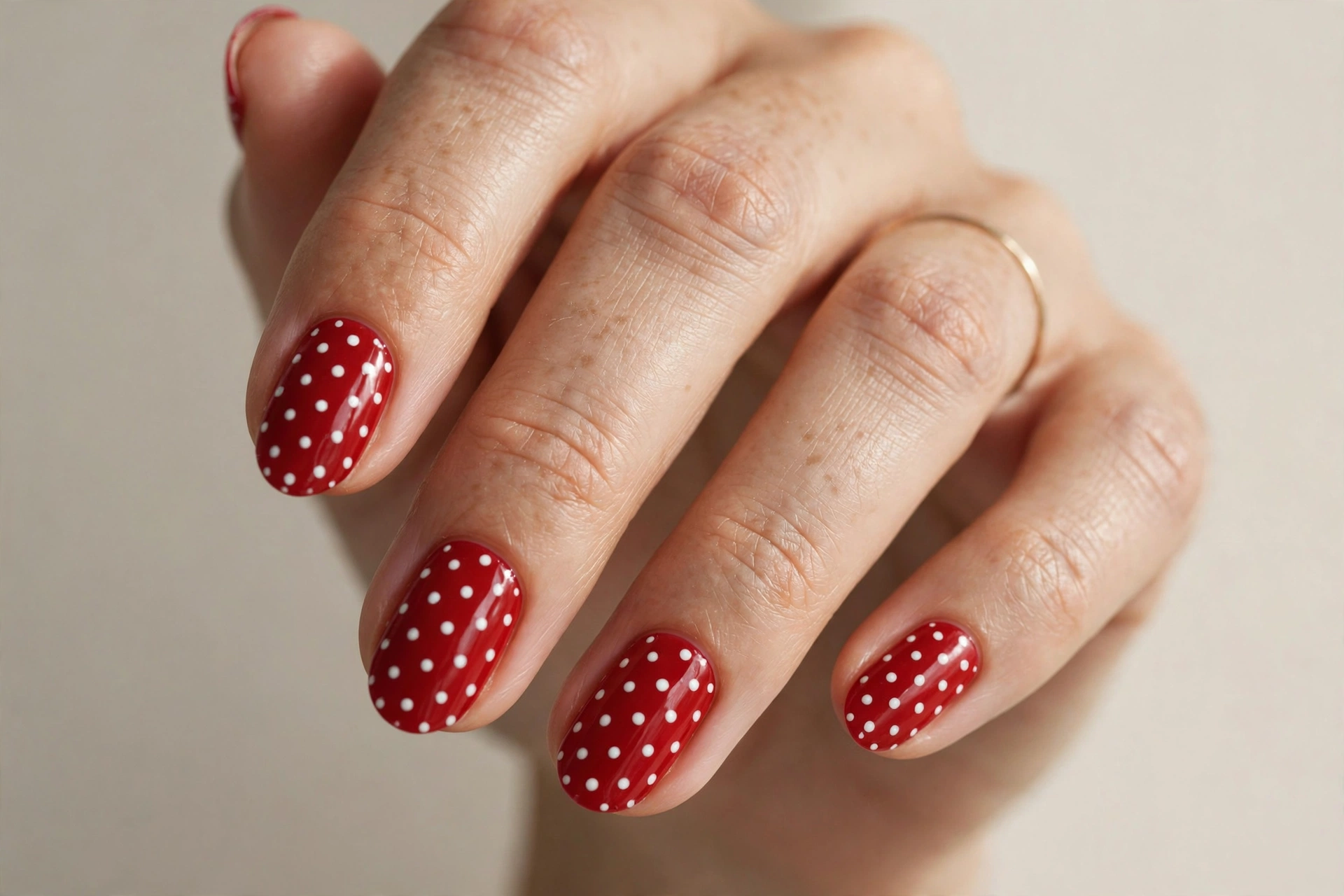 Santa red short nails with white polka dots