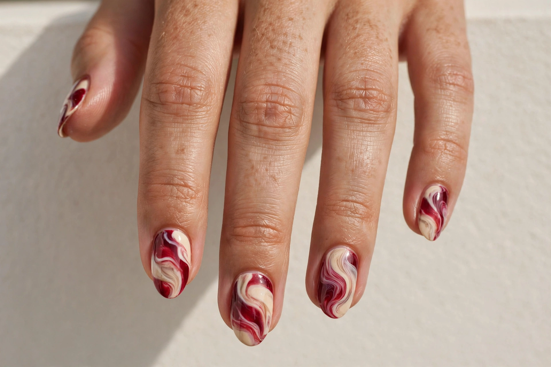Cranberry red and cream swirl marble short nails