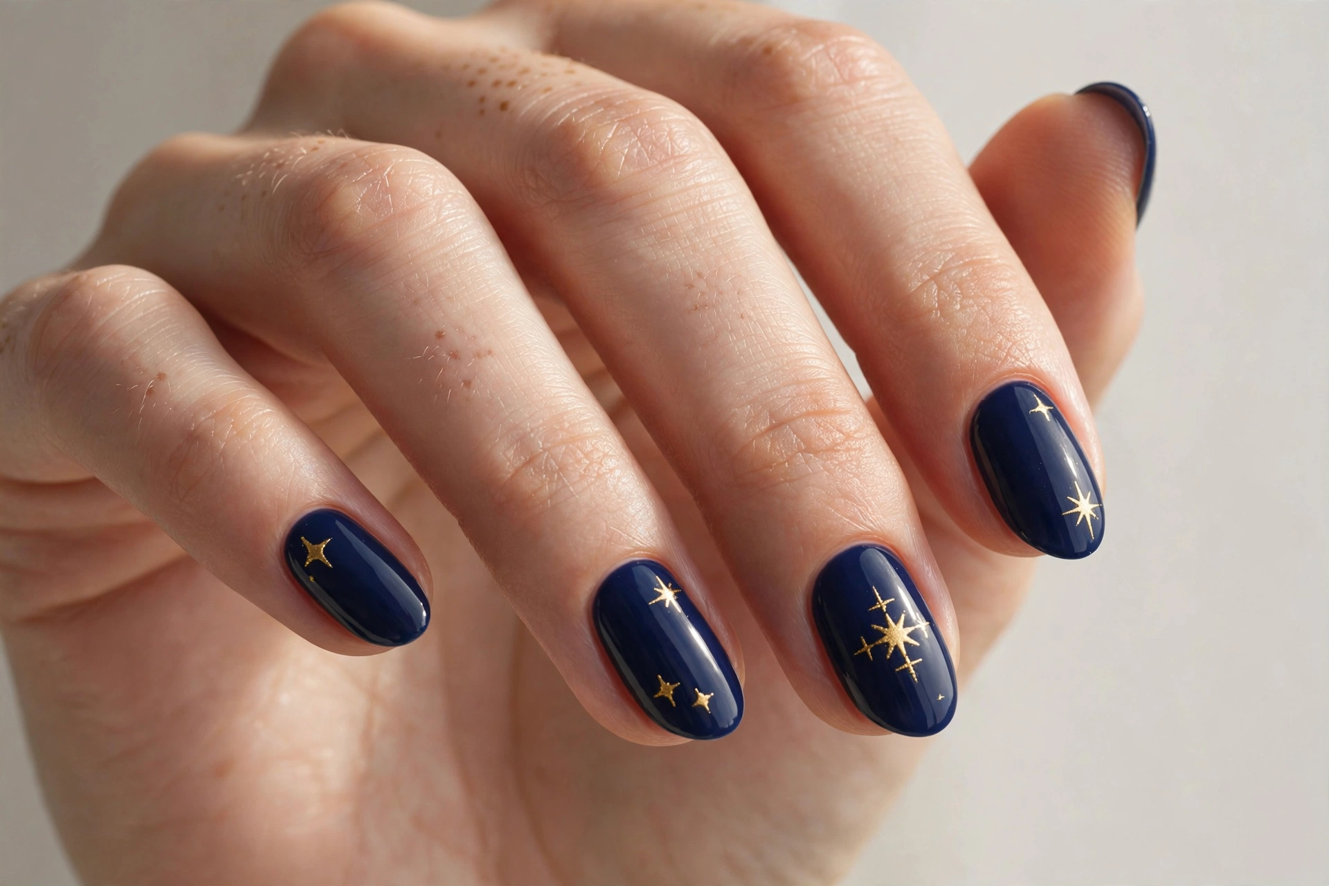 Navy blue short nails with gold star nail art