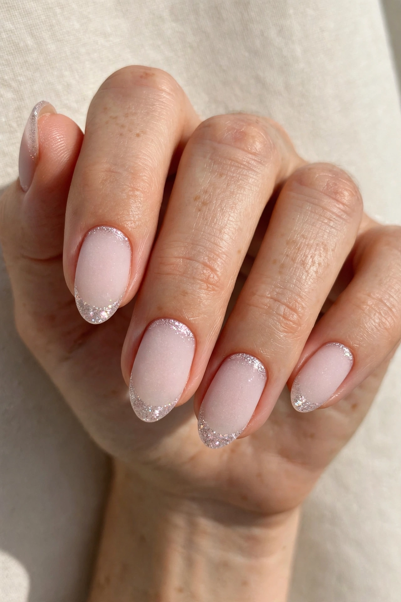 Frosted pale pink short nails with glitter tips