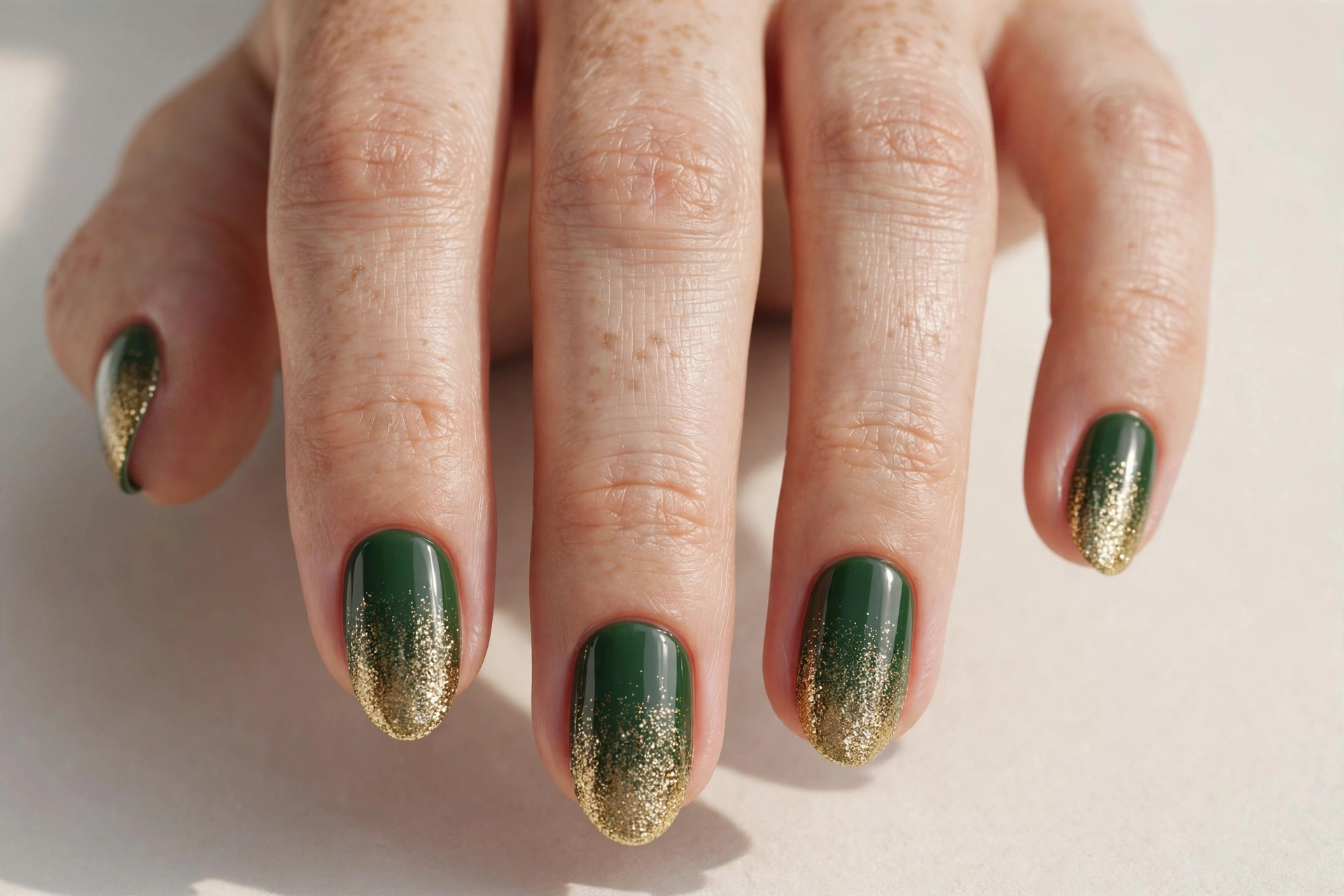 Pine green short nails with gold glitter ombre