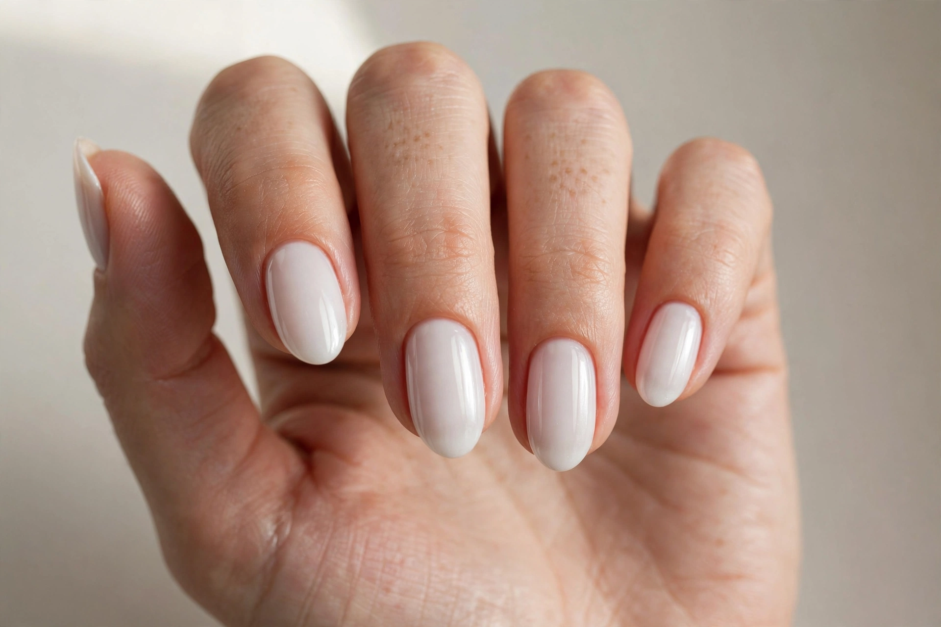 Pearl white glossy minimal short Christmas nails