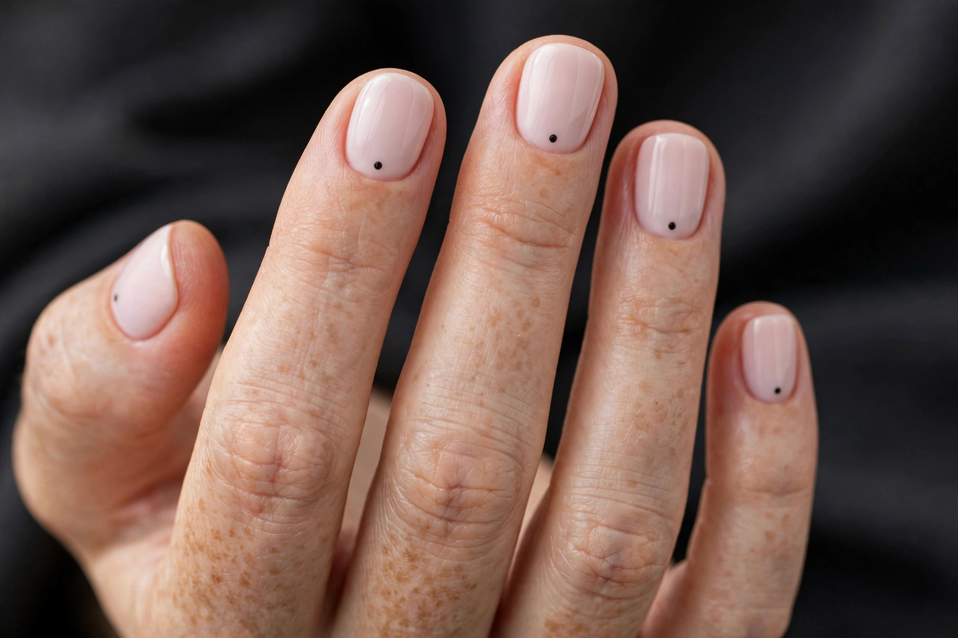 Short round nails in pale blush pink with a single tiny black dot accent near each cuticle