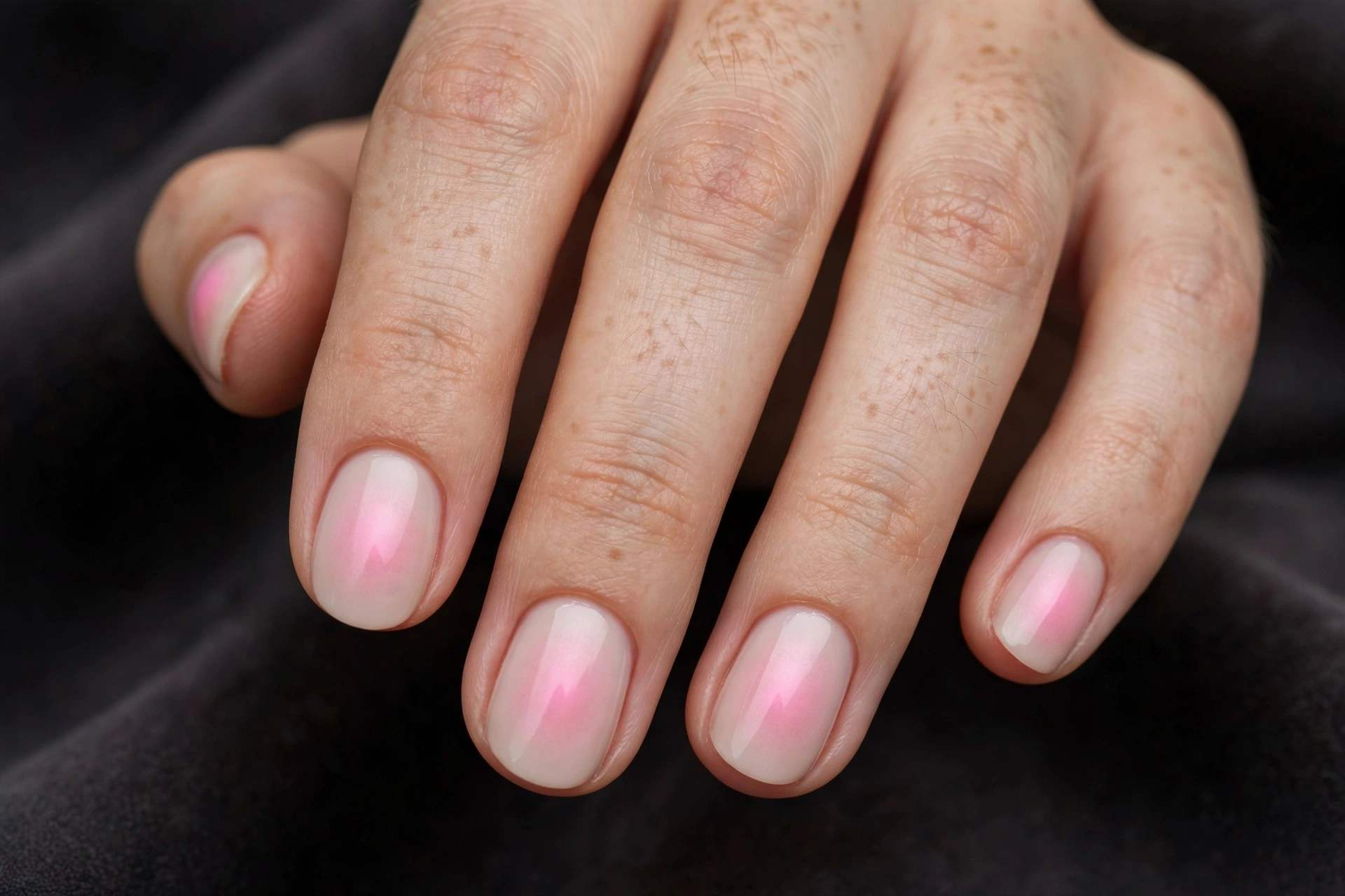 Short round nails with milky nude base and soft glowing pink aura halo at the center