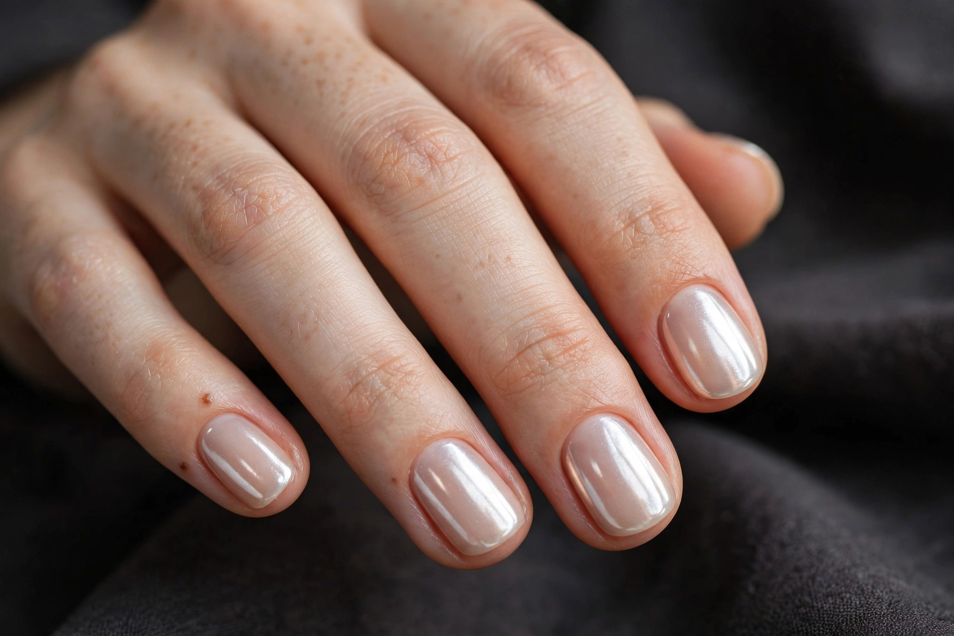 Short round nails with pearly white chrome shimmer over a sheer nude base