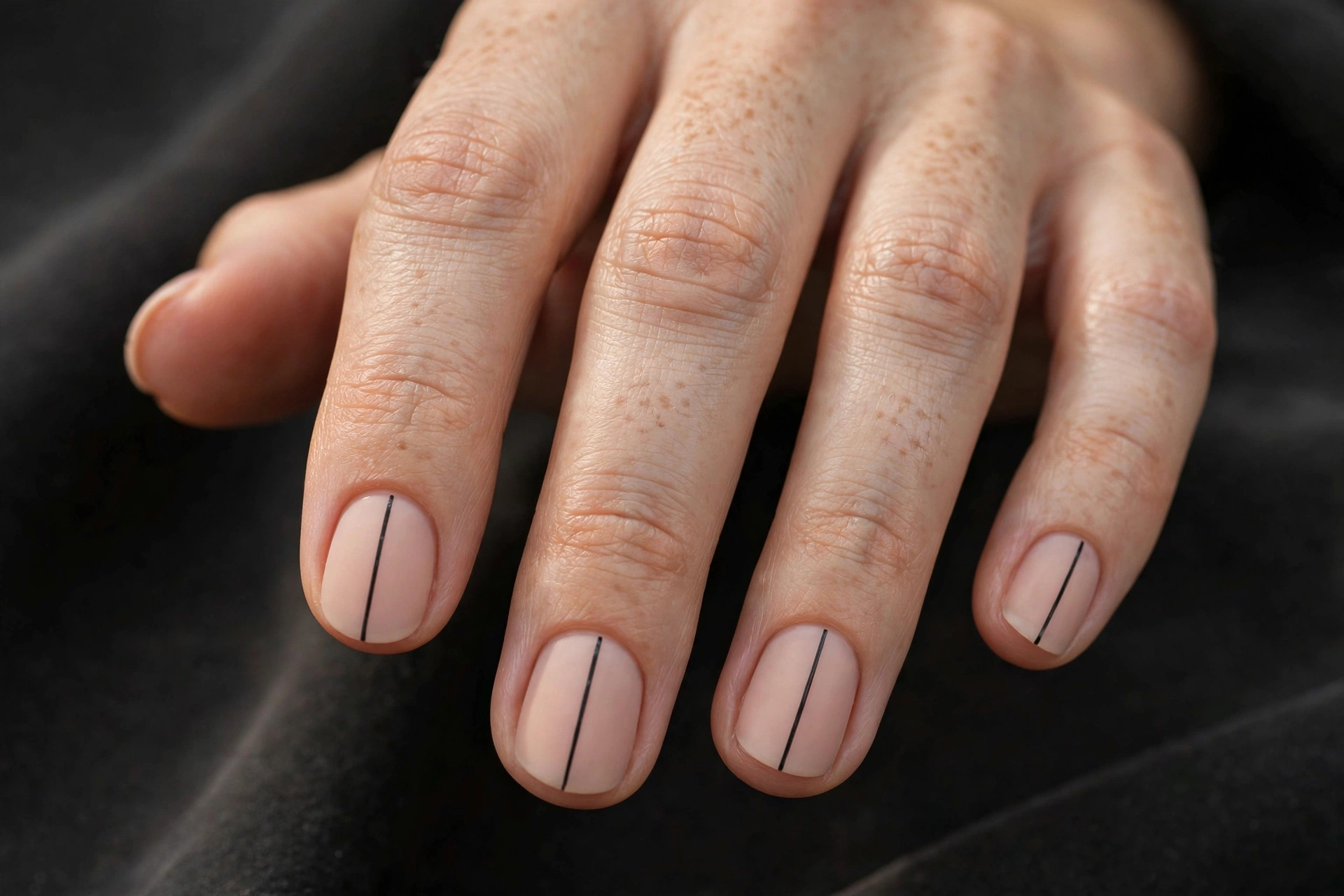 Short round nails with nude base and a single thin black vertical line down the center of each nail