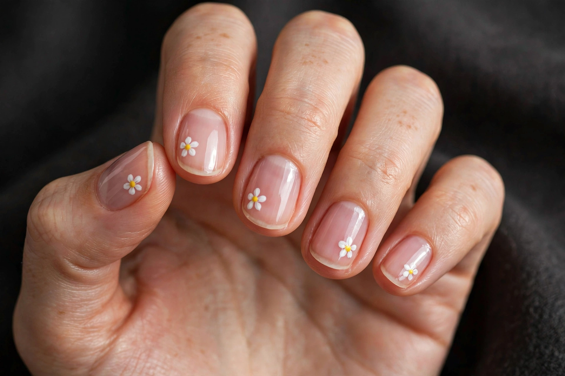 Short round nails with sheer pink base and tiny hand-painted white daisies with yellow centers