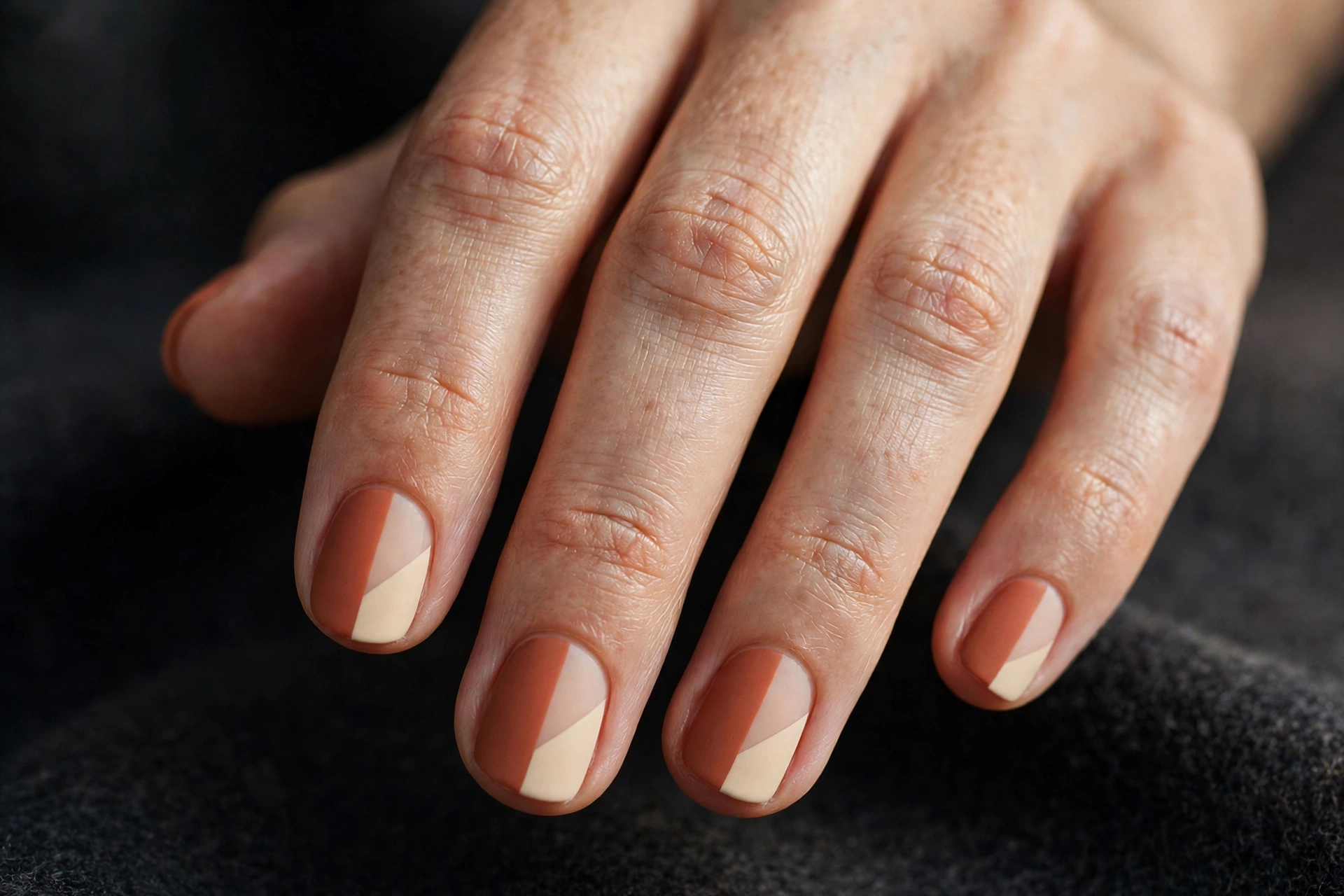 Short round nails with nude base and diagonal two-tone color-block tips in terracotta and cream