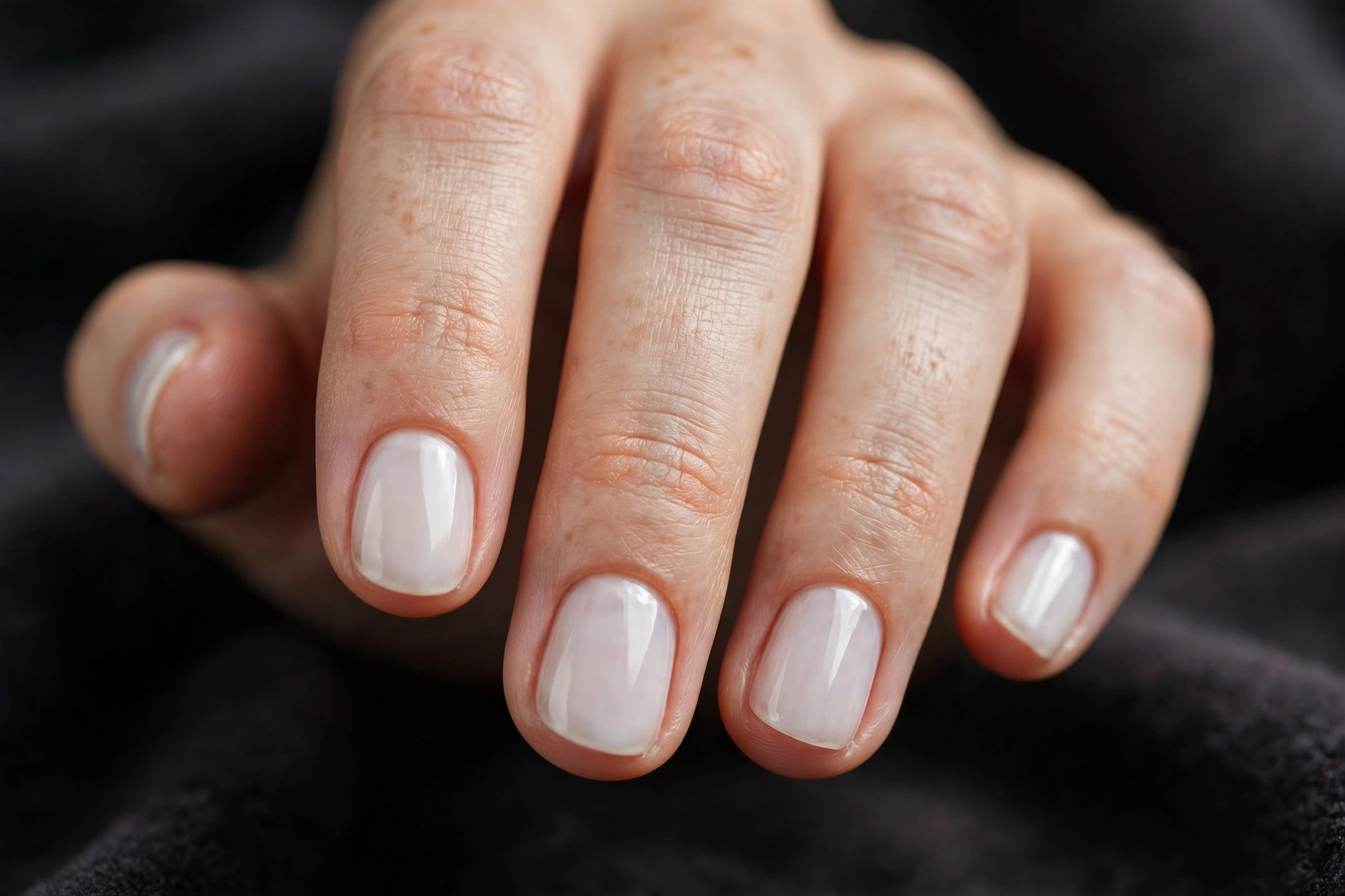Short round nails in a milky white translucent neutral polish with high gloss
