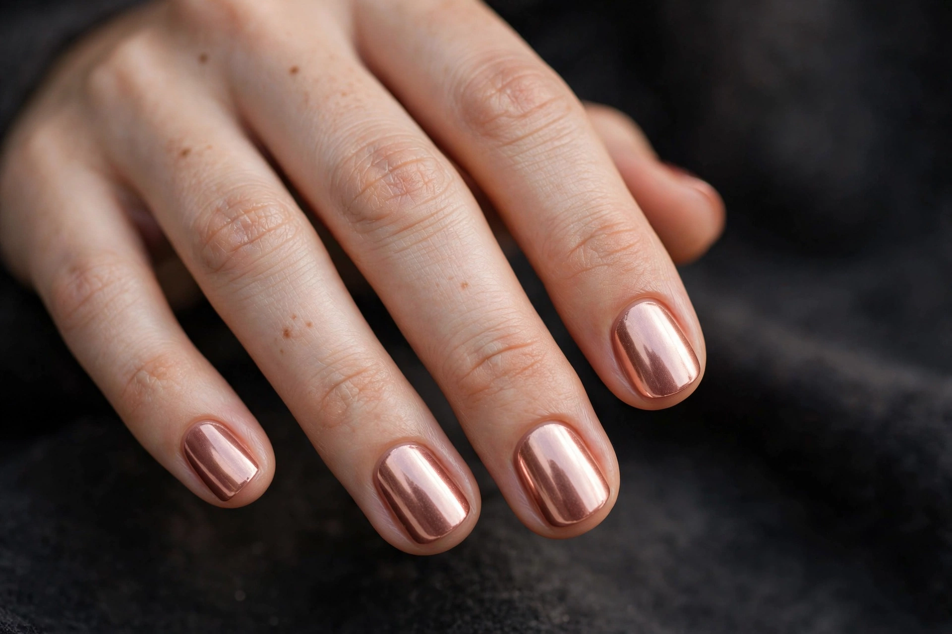Short round nails with a soft rose gold chrome metallic finish