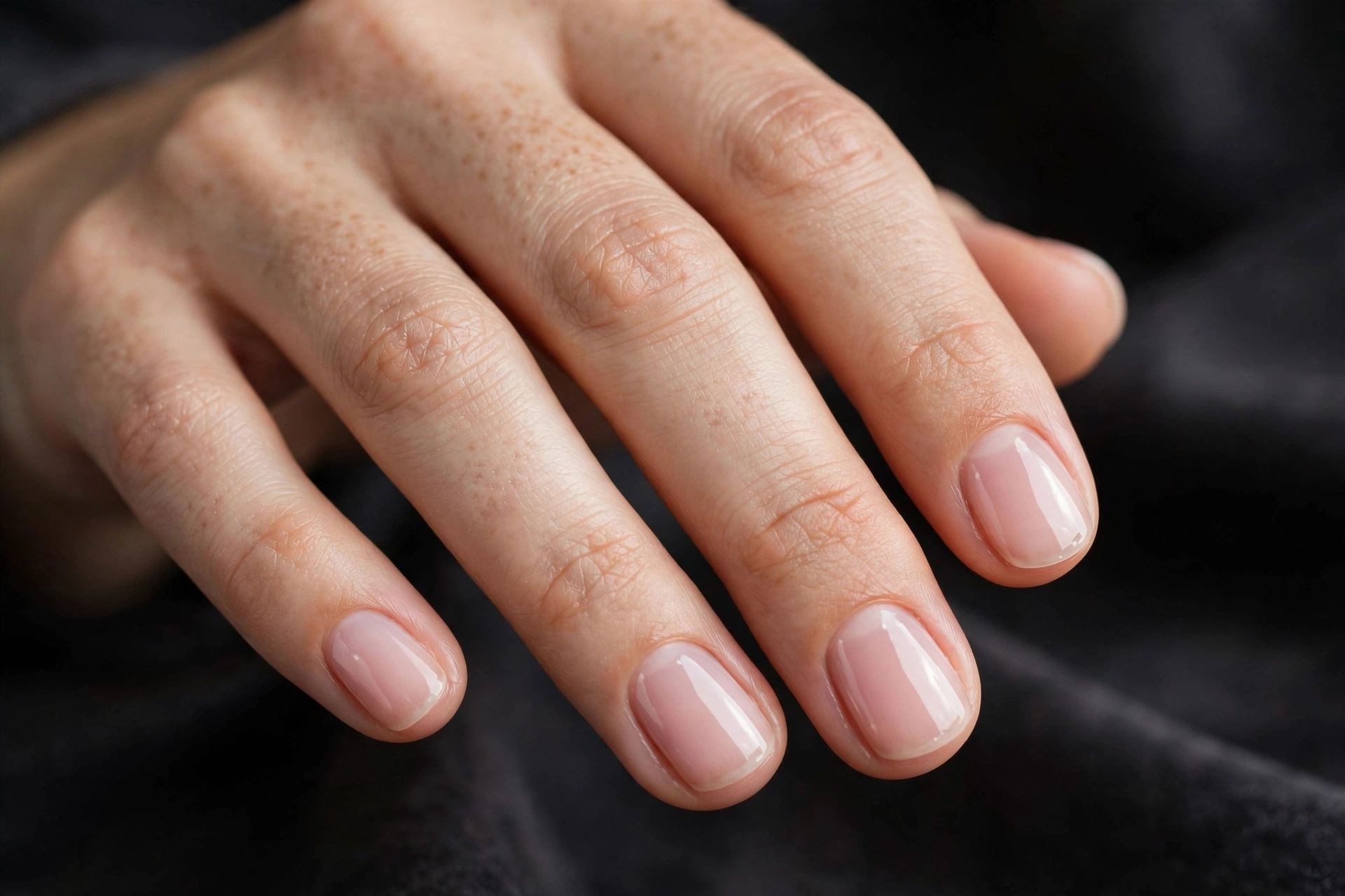 Short round nails in a sheer blush pink jelly polish, glossy and natural