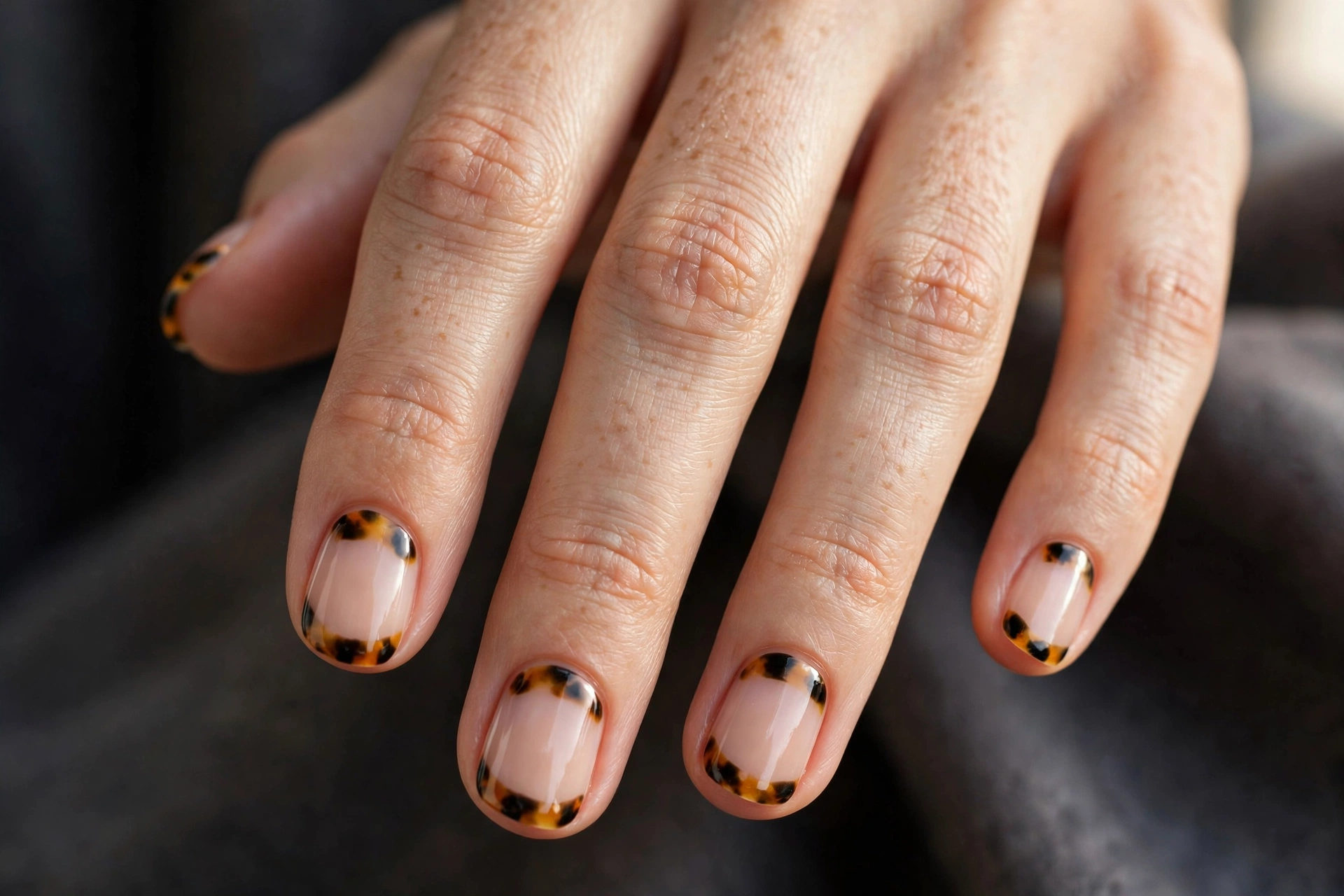 Short round nails with nude base and tortoiseshell-patterned tips in amber and black