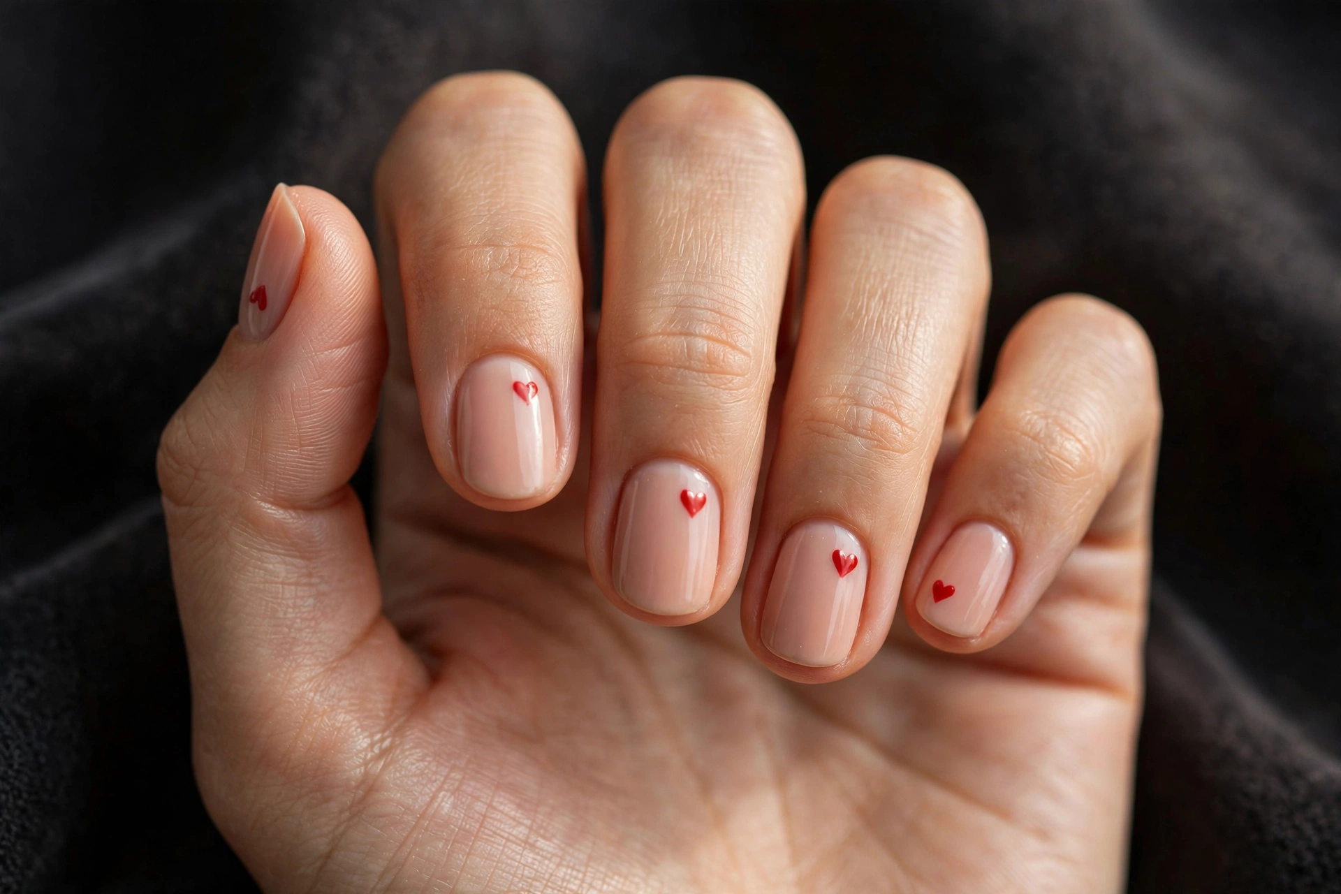 Short round nails with nude base and tiny red hearts hand-painted on each nail