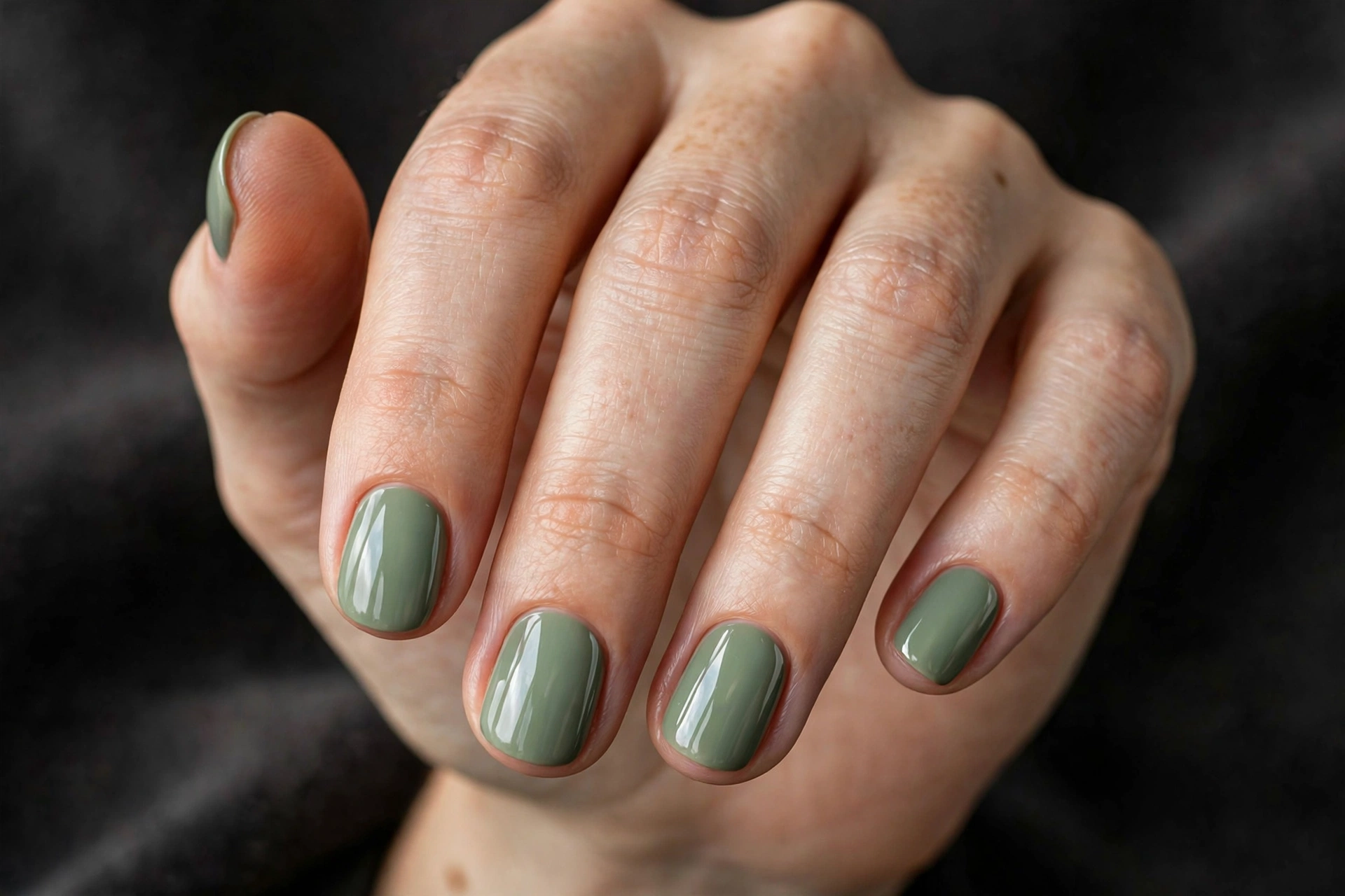 Short round nails in a solid muted sage green crème polish with high-gloss finish
