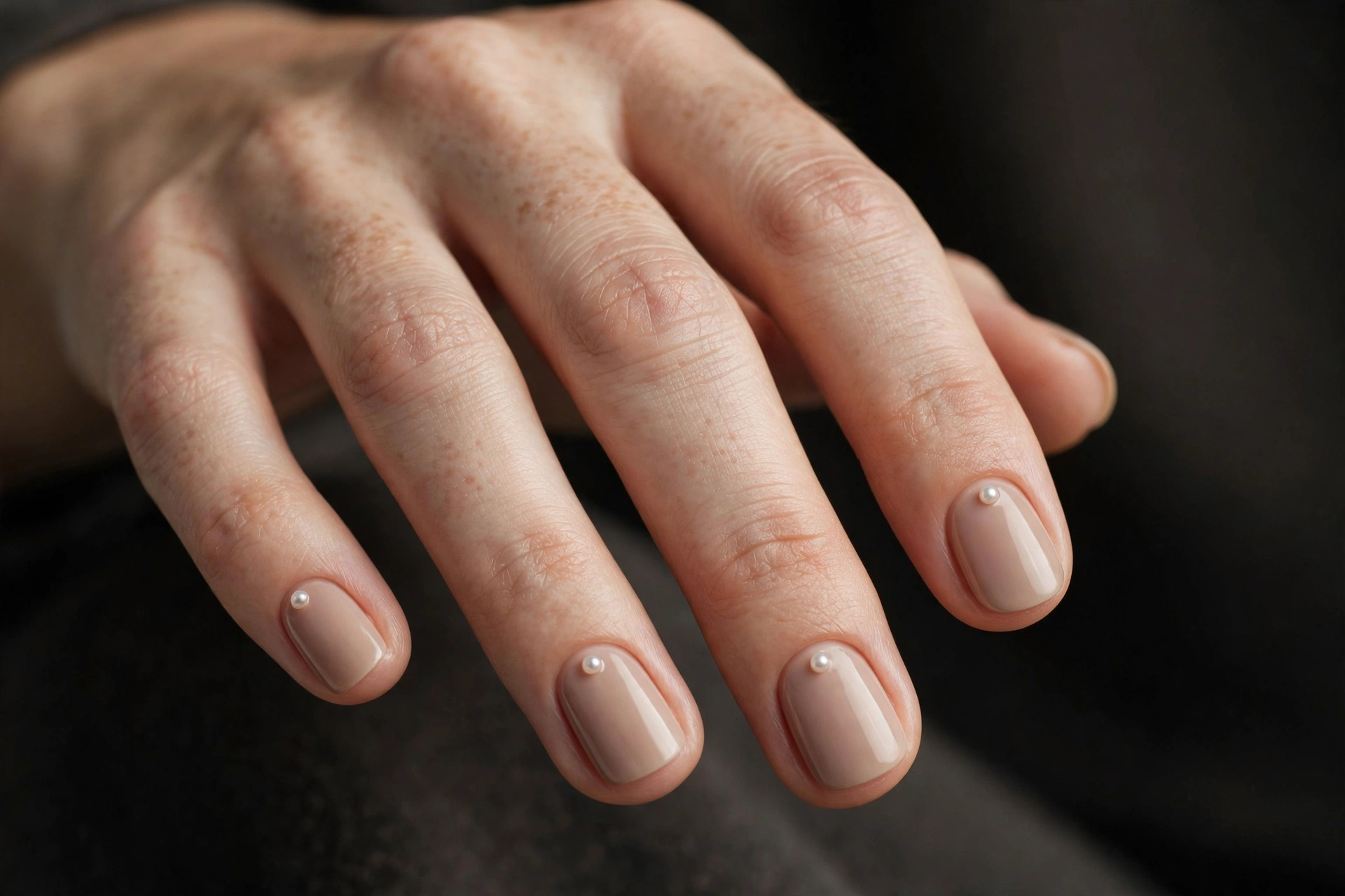 Short round nails in soft nude with a single tiny pearl stud placed near the cuticle of each nail