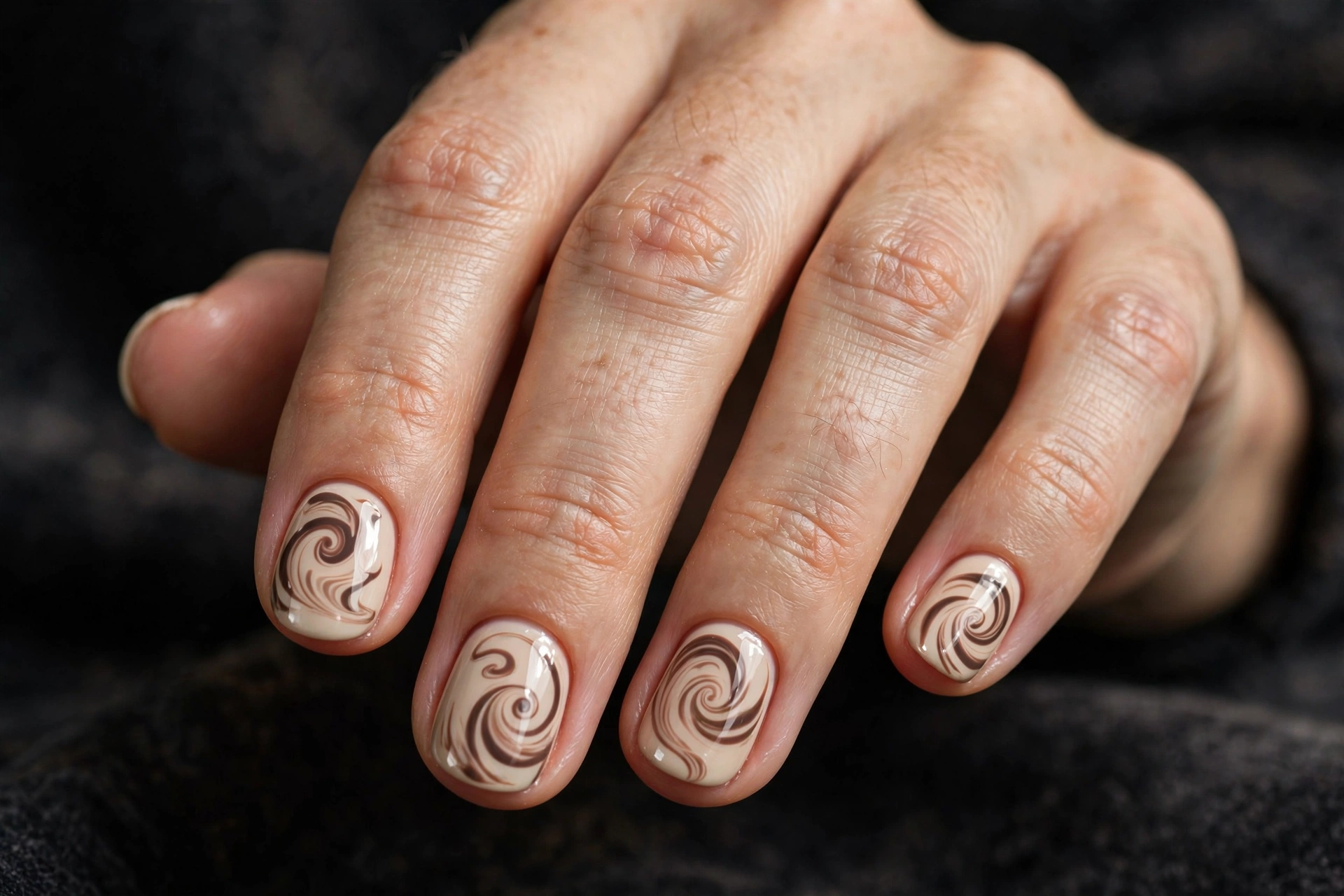 Short round nails with creamy nude base and soft brown latte-art swirls