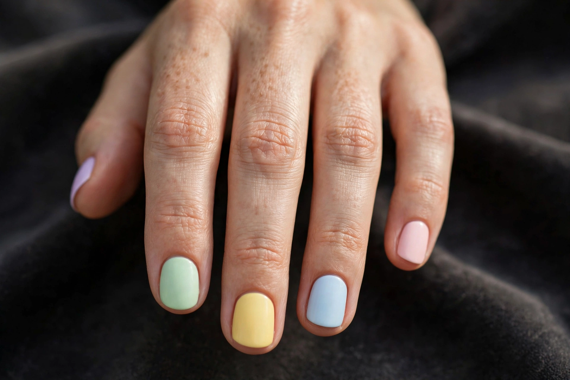 Short round nails with each nail painted a different soft pastel shade