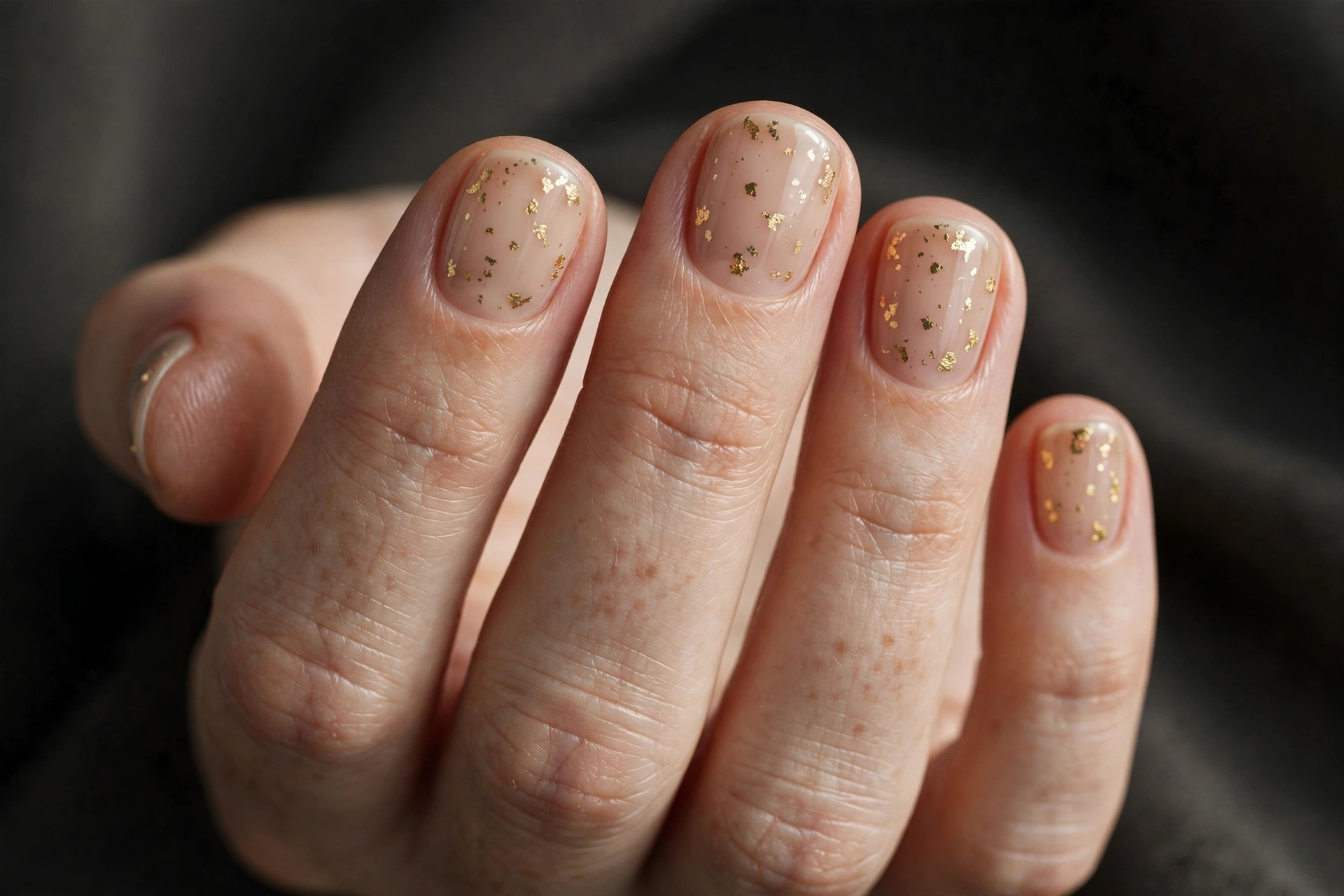 Short round nails with sheer nude base and scattered delicate gold foil flakes