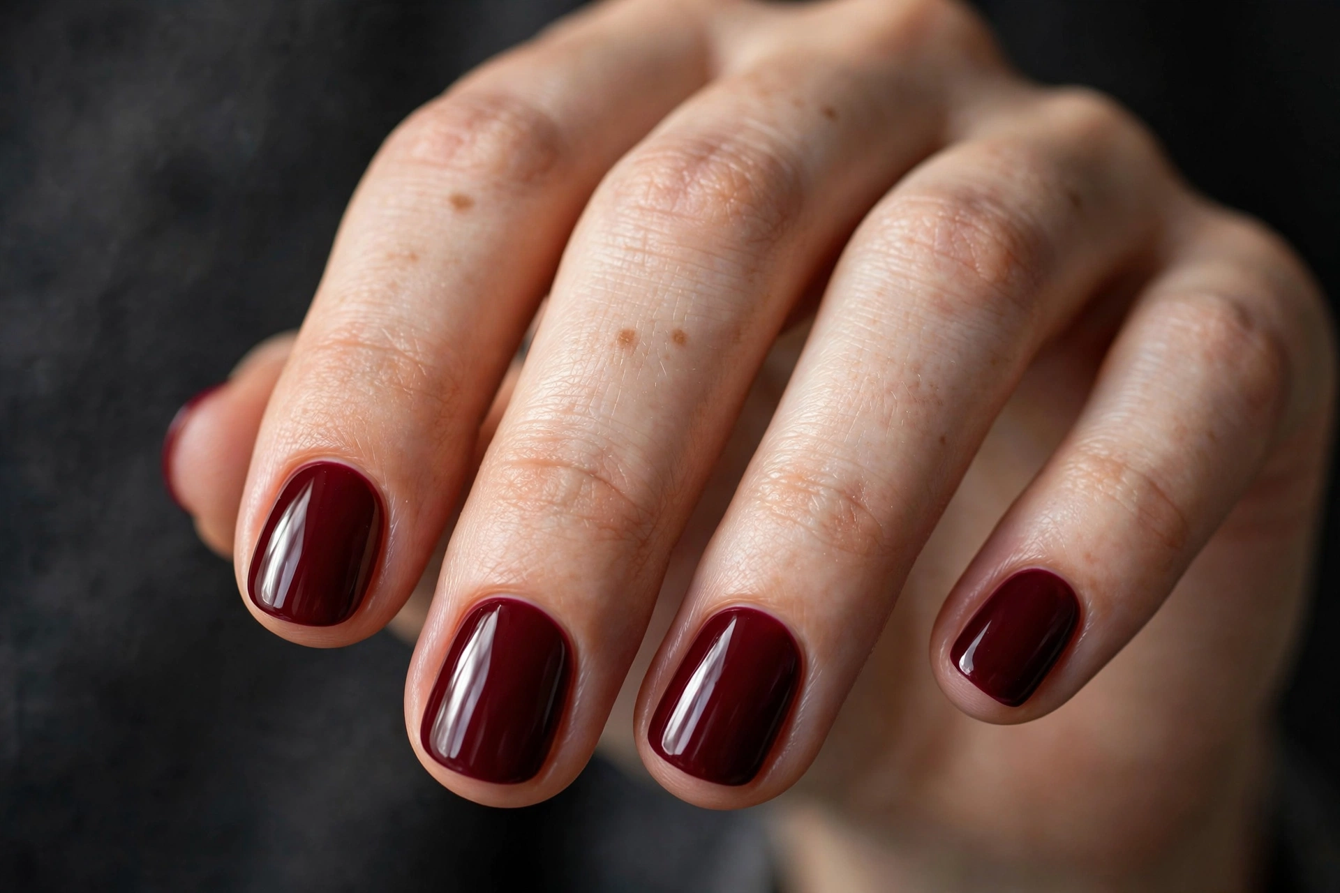 Short round nails in a rich deep burgundy crème polish with mirror-like gloss