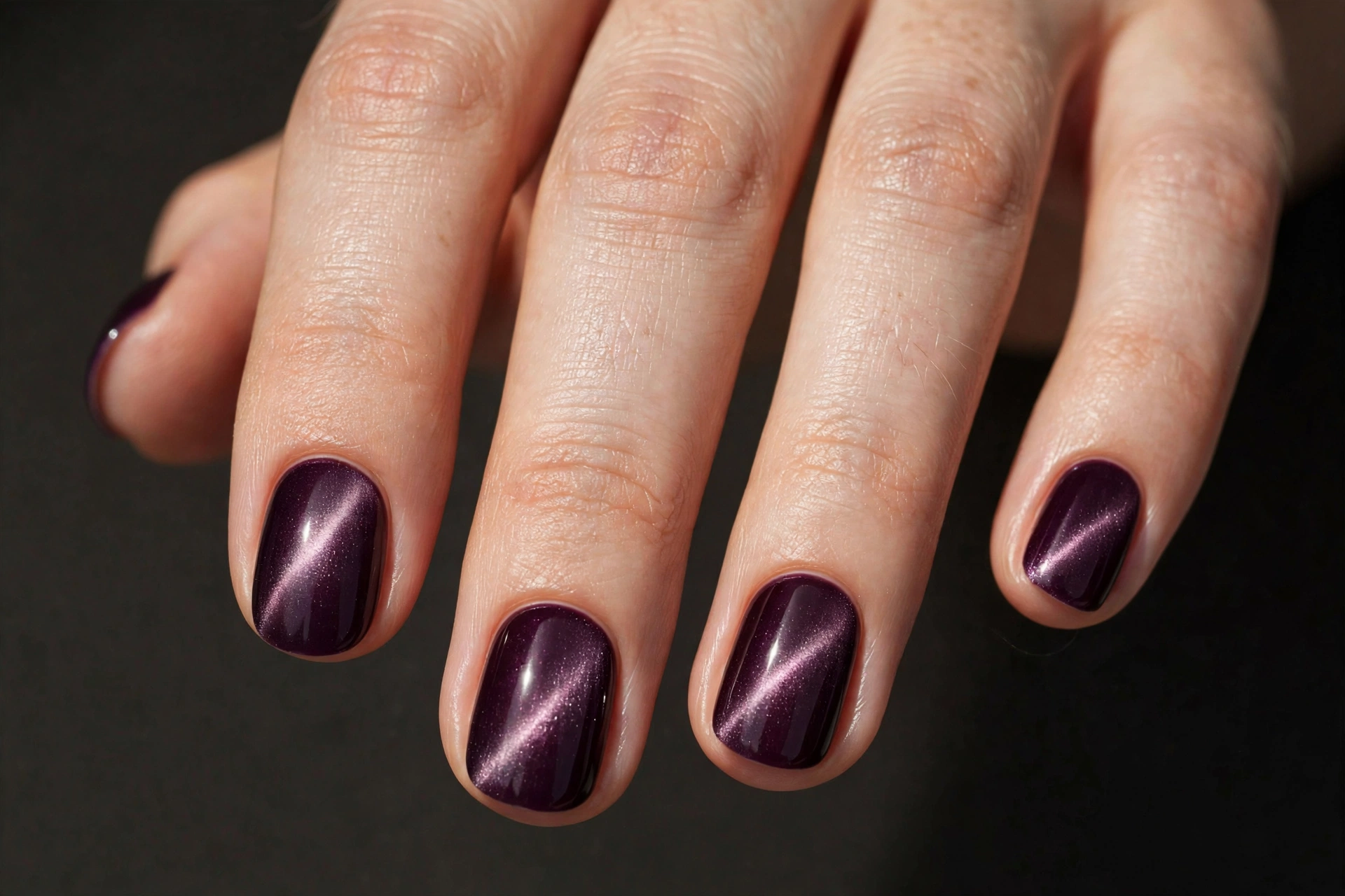 Short round nails in deep plum magnetic cat-eye polish with a soft shimmer band
