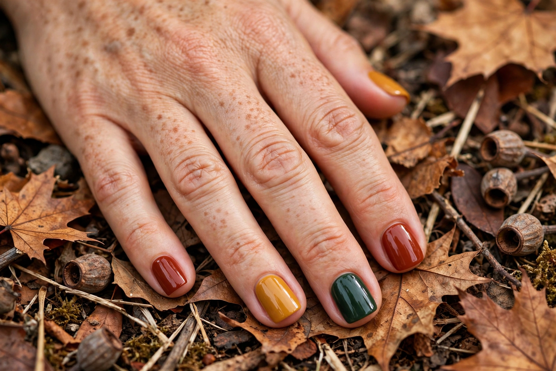 rich autumn color mix short square nail designs for fall in terracotta, mustard and forest green
